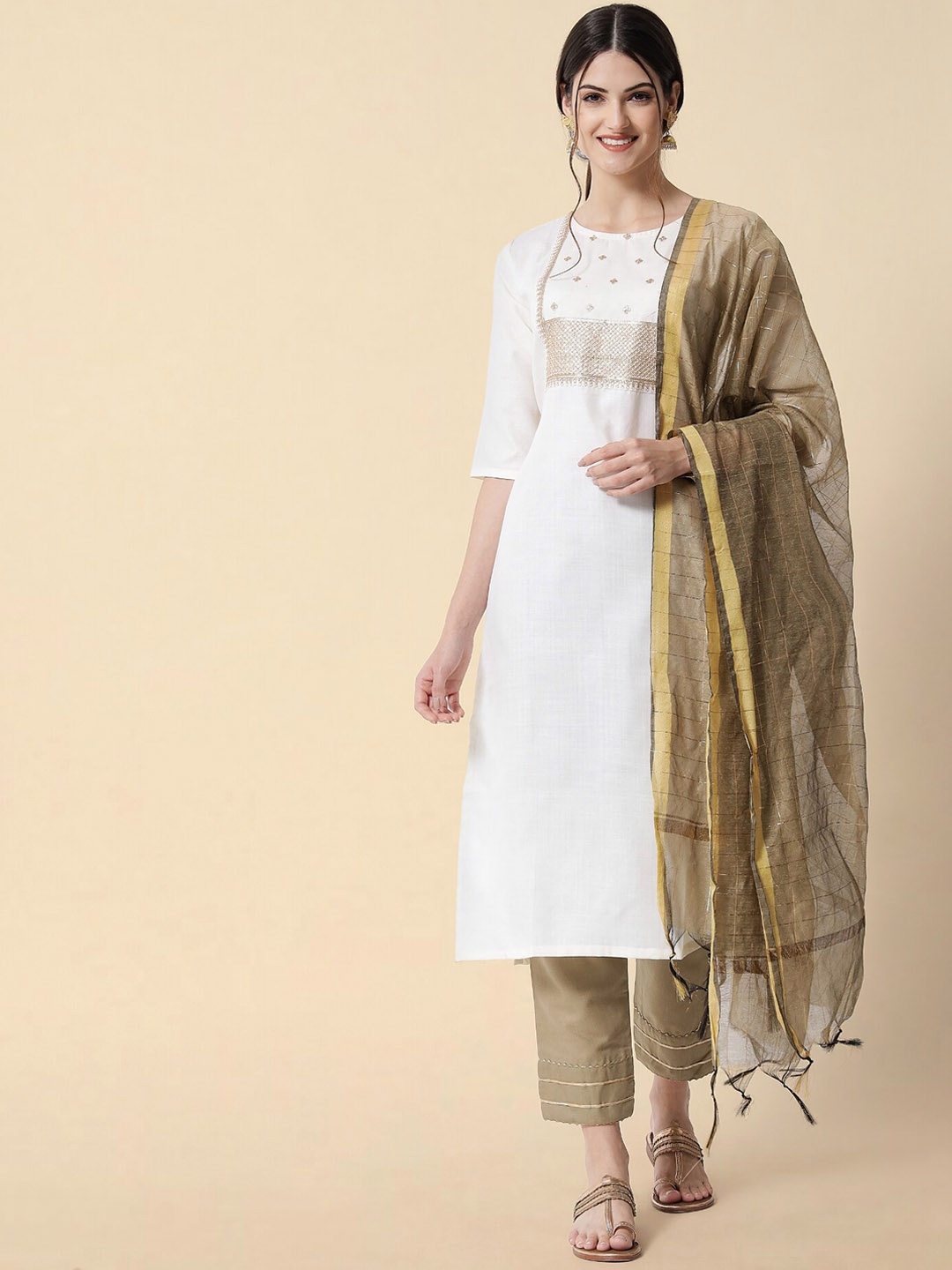 

KALINI Ethnic Motifs Yoke Design Sequinned Pure Cotton Kurta with Trousers & With Dupatta, White