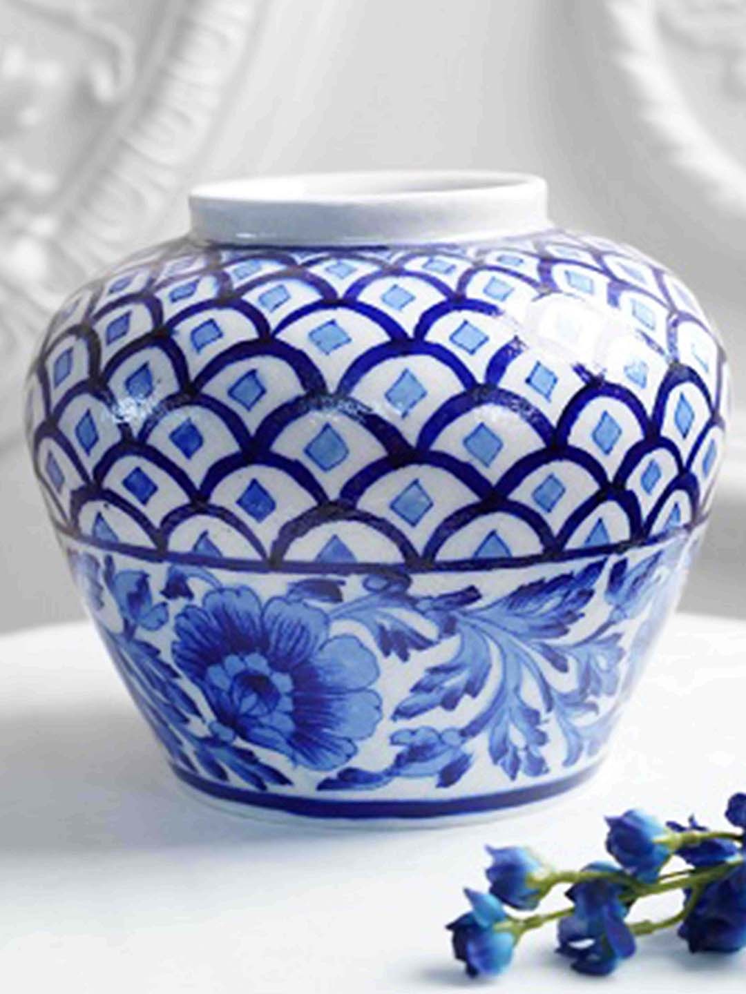 

Folkstorys White & Blue Printed Ceramic Flower Vase