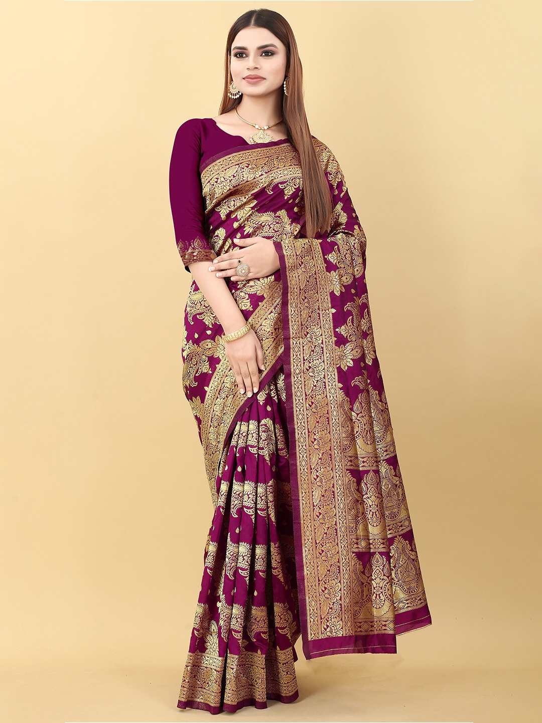 

KALINI Ethnic Motif Zari Silk Blend Kanjeevaram Saree, Purple