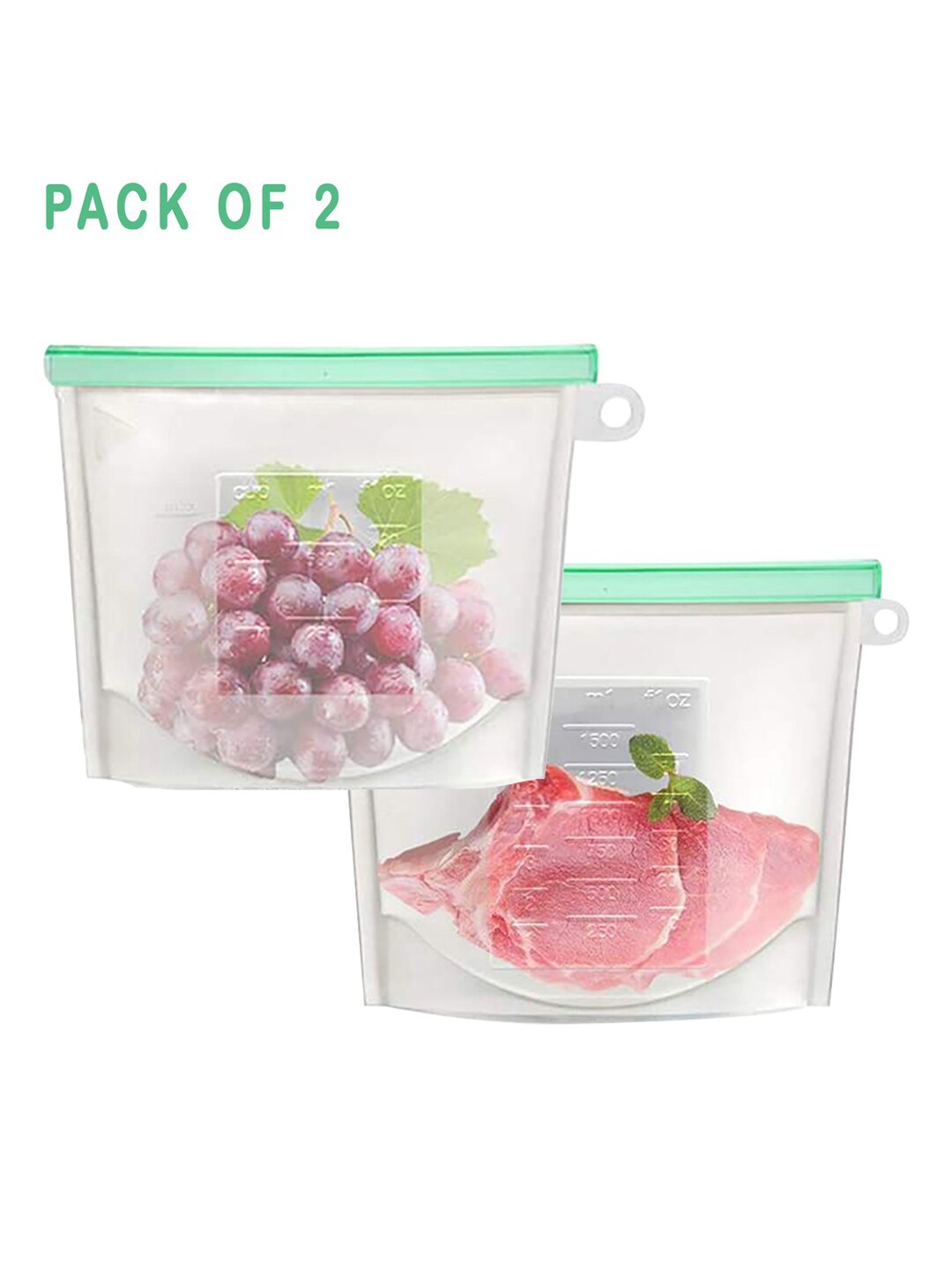 

ZURU BUNCH Transparent & Green 2 Pieces Leak Proof Seal Food Container Pouches