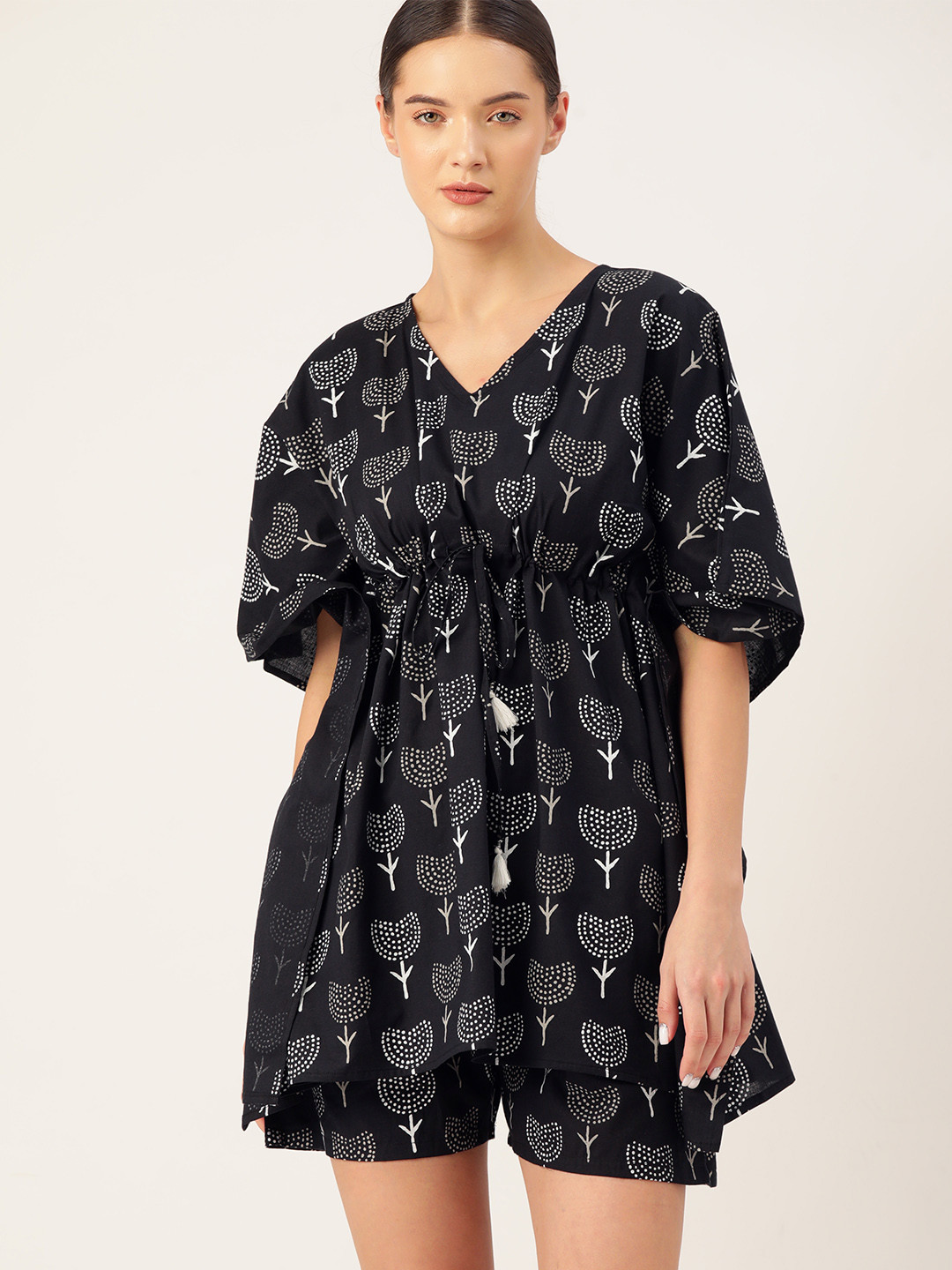 

ETC Women Floral Printed Pure Cotton Kaftan Night Suit, Black