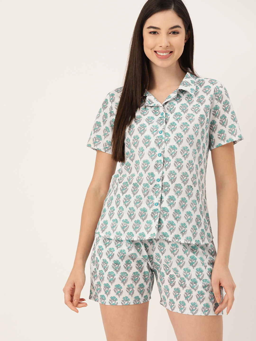 

ETC Women Floral Printed Cotton Night suit, White