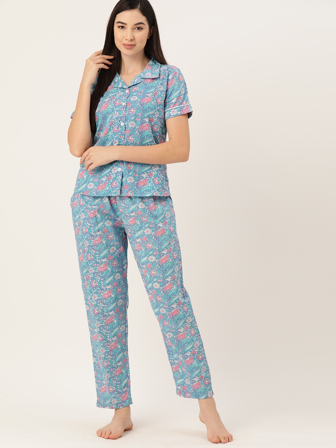 

ETC Women Floral Printed Cotton Night suit, Turquoise blue