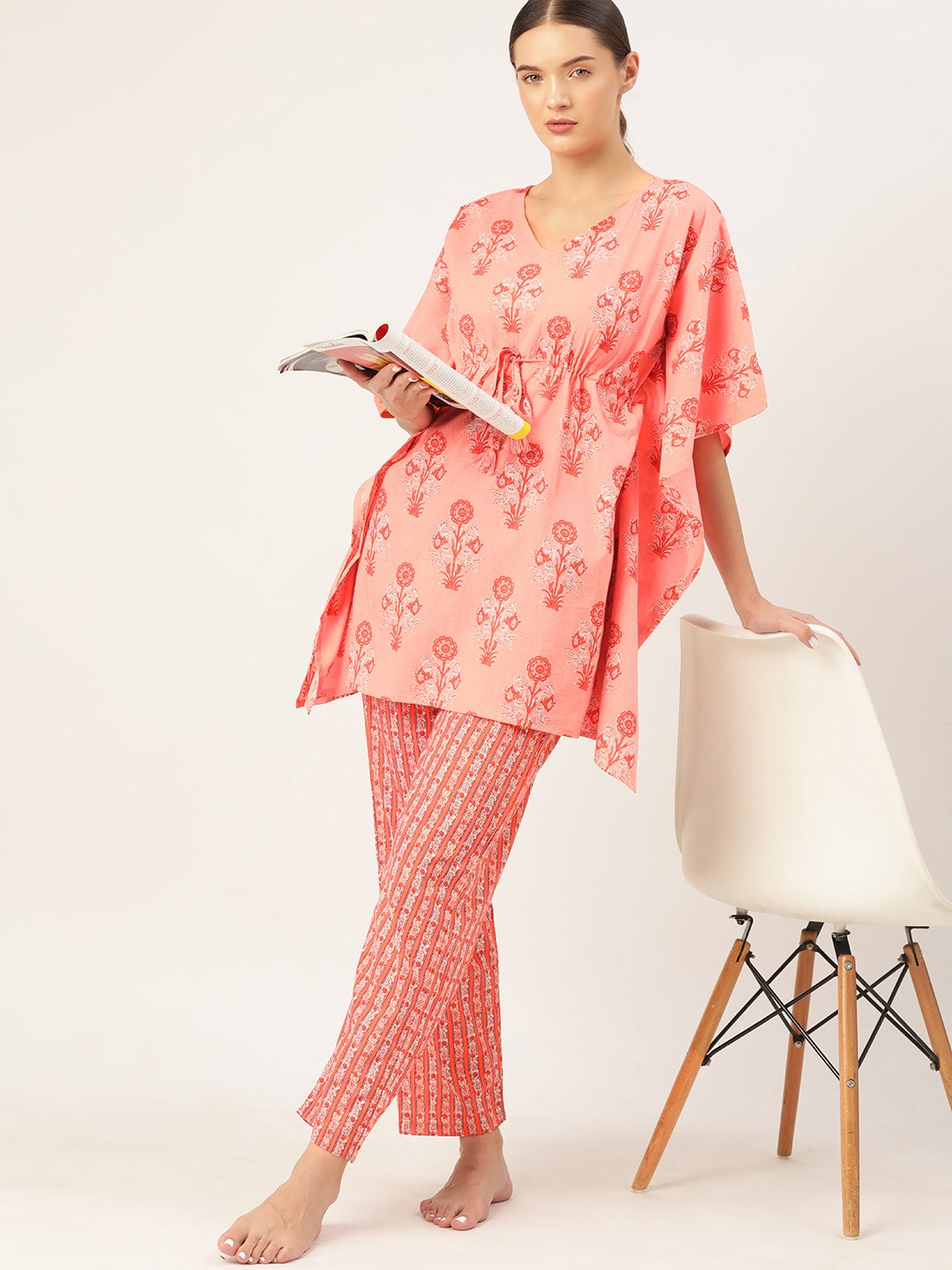 

ETC Women Floral Printed Pure Cotton Kaftan Night Suit, Pink