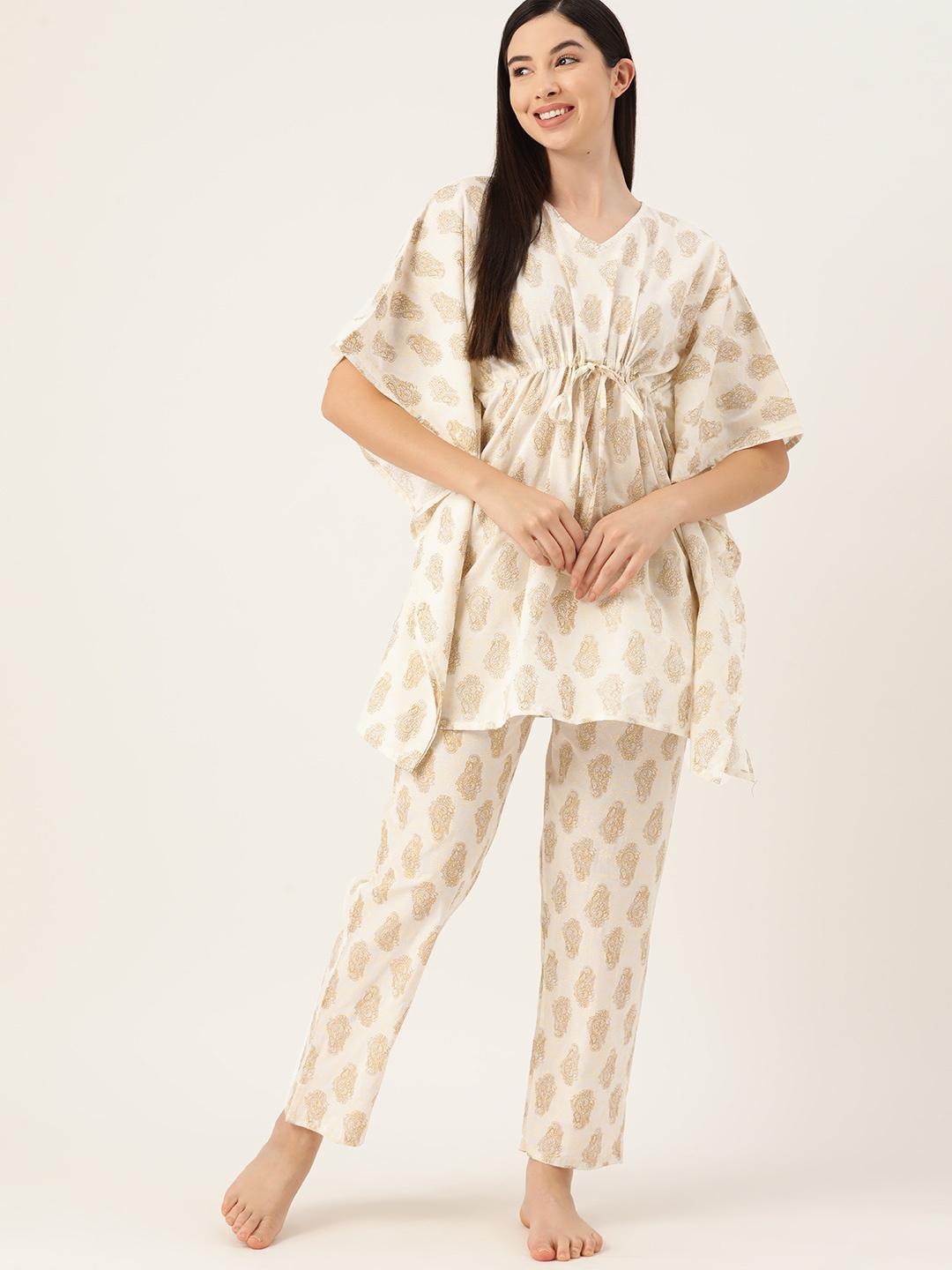 

ETC Women Ethnic Motifs Printed Cotton Night suit, Off white