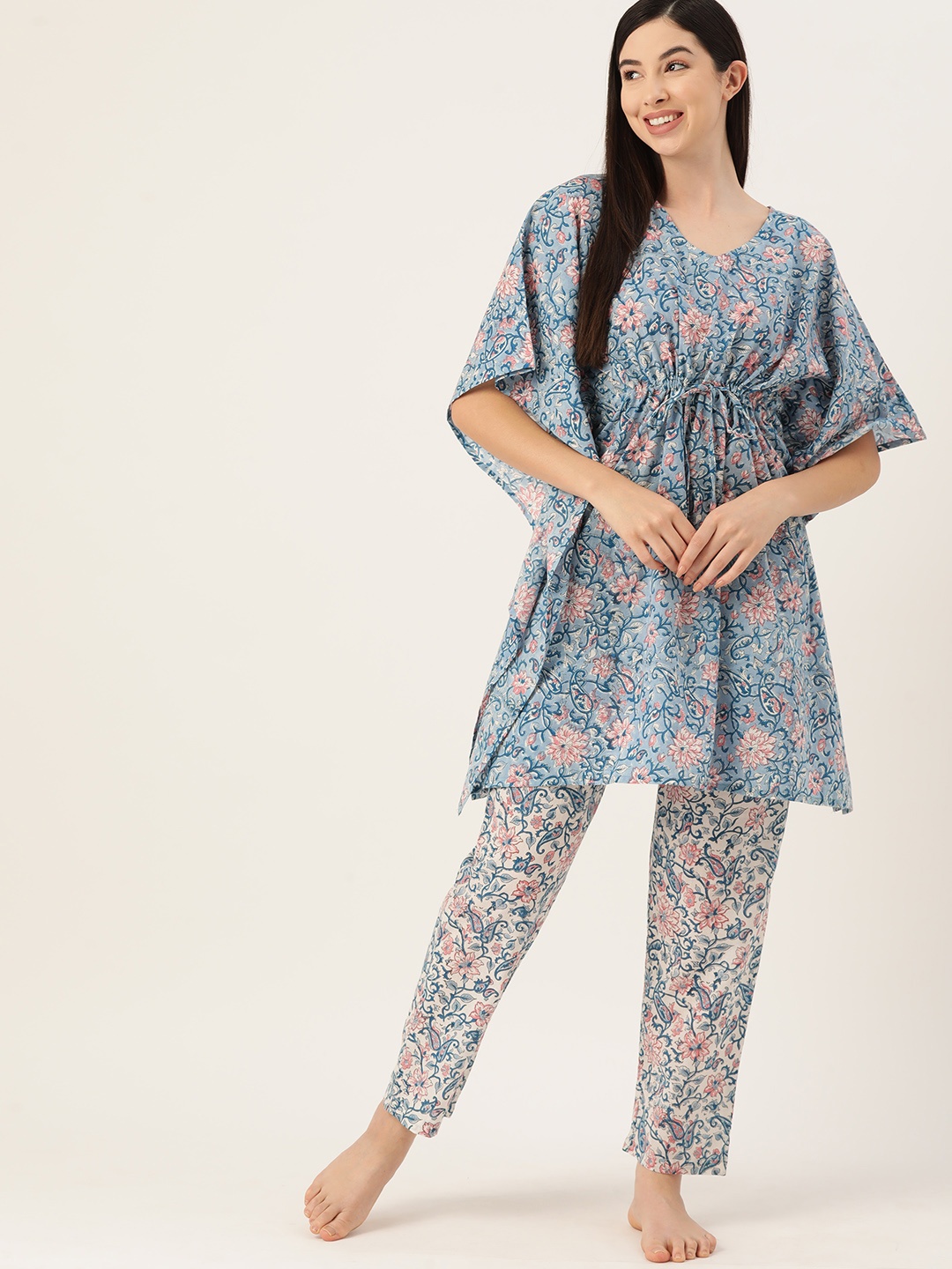

ETC Women Floral Printed Cotton Night suit, Blue