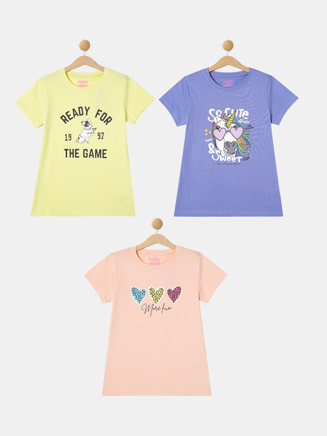 

R&B Girls Pack Of 3 Typography Printed Cotton T-shirt, Yellow