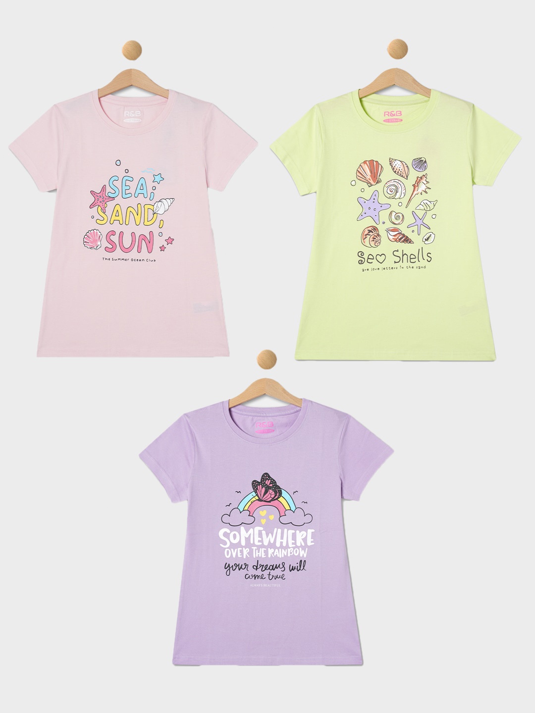 

R&B Girls Pack Of 3 Printed Cotton T-shirt, Pink
