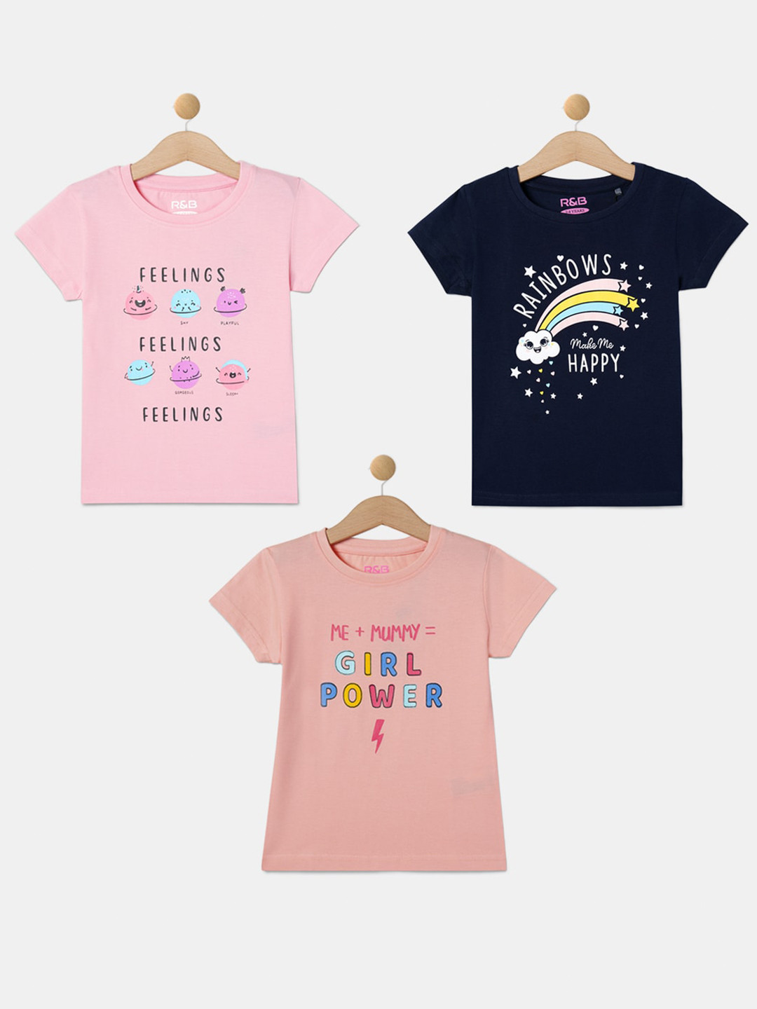 

R&B Girls Pack Of 3 Typography Printed Cotton T-shirt, Pink