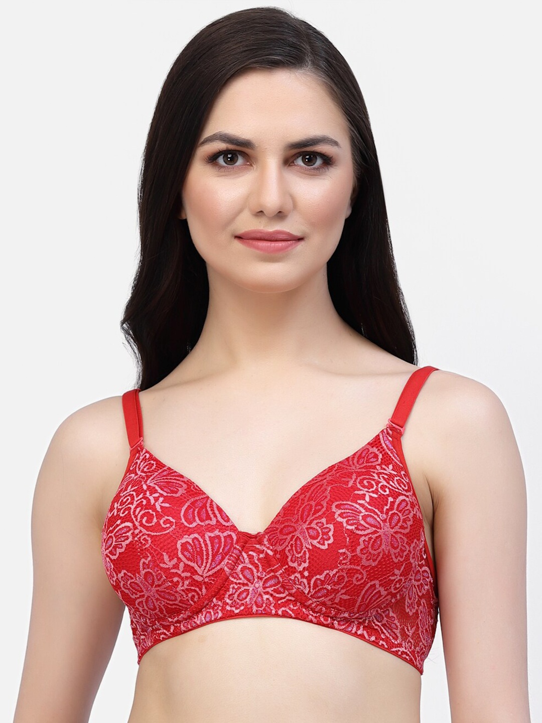 

CUKOO Full Coverage Lightly Padded Floral Lace Everyday Bra, Red