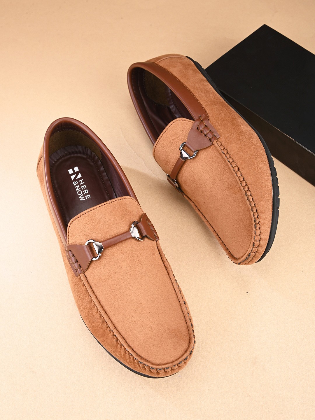 

HERE&NOW Men Tan Brown Suede Horsebit Loafers