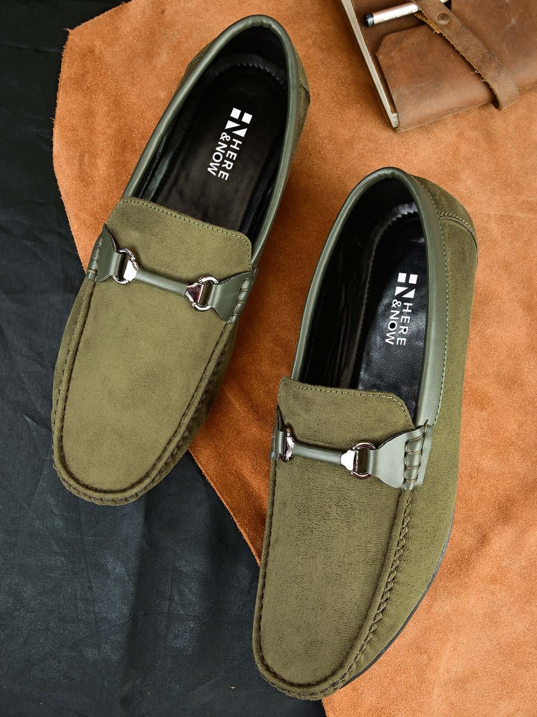 

HERE&NOW Men Olive Green Suede Horsebit Loafers