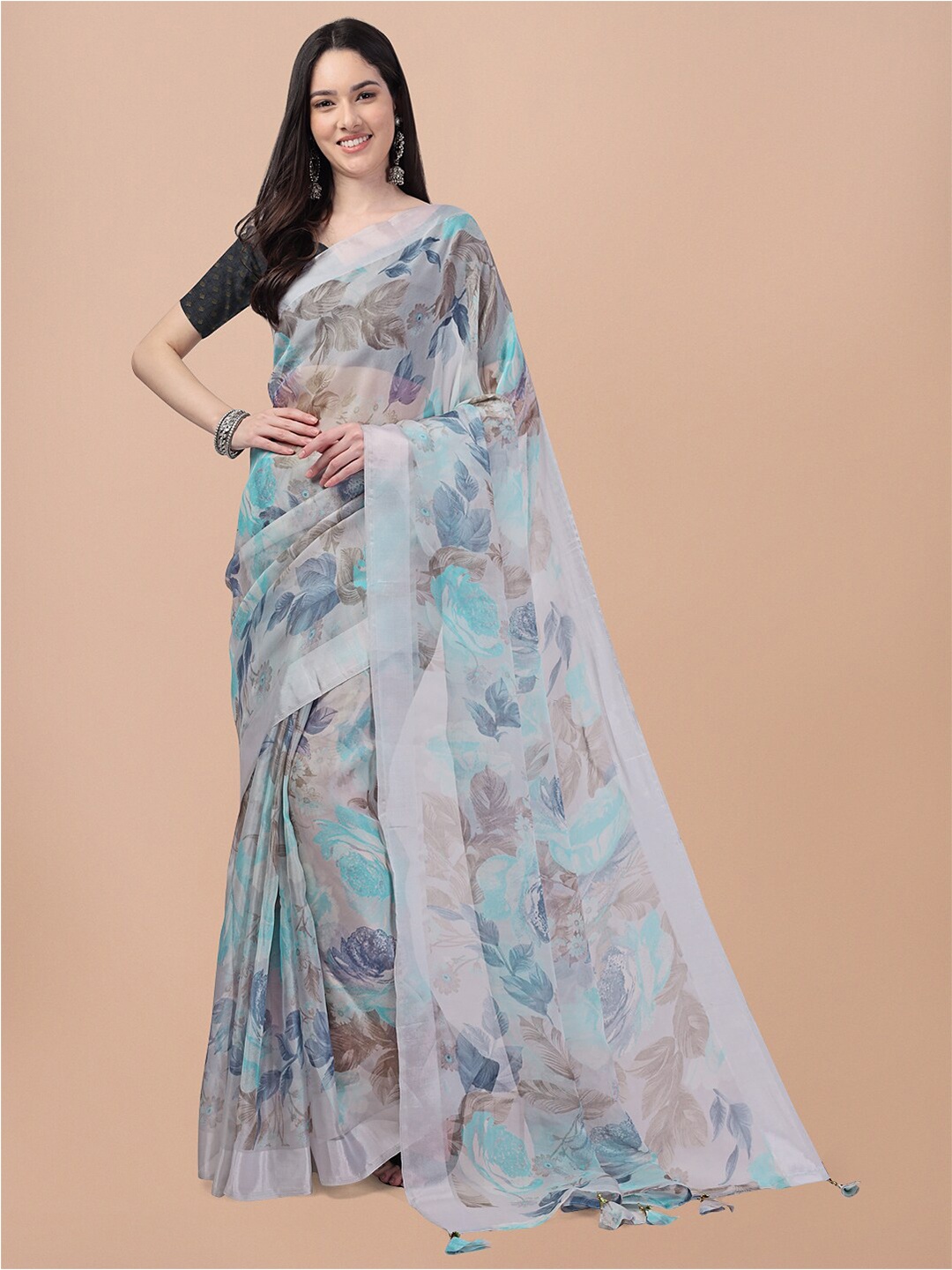 

Triveni Floral Organza Saree With Blouse Piece, Grey