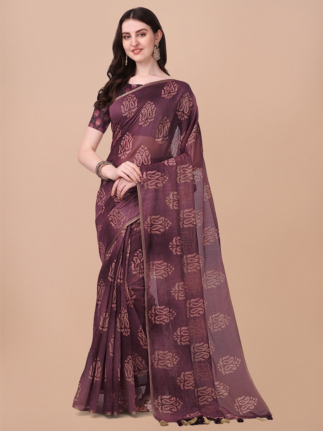 

Triveni Paisley Pure Cotton Designer Saree With Blouse Piece, Purple