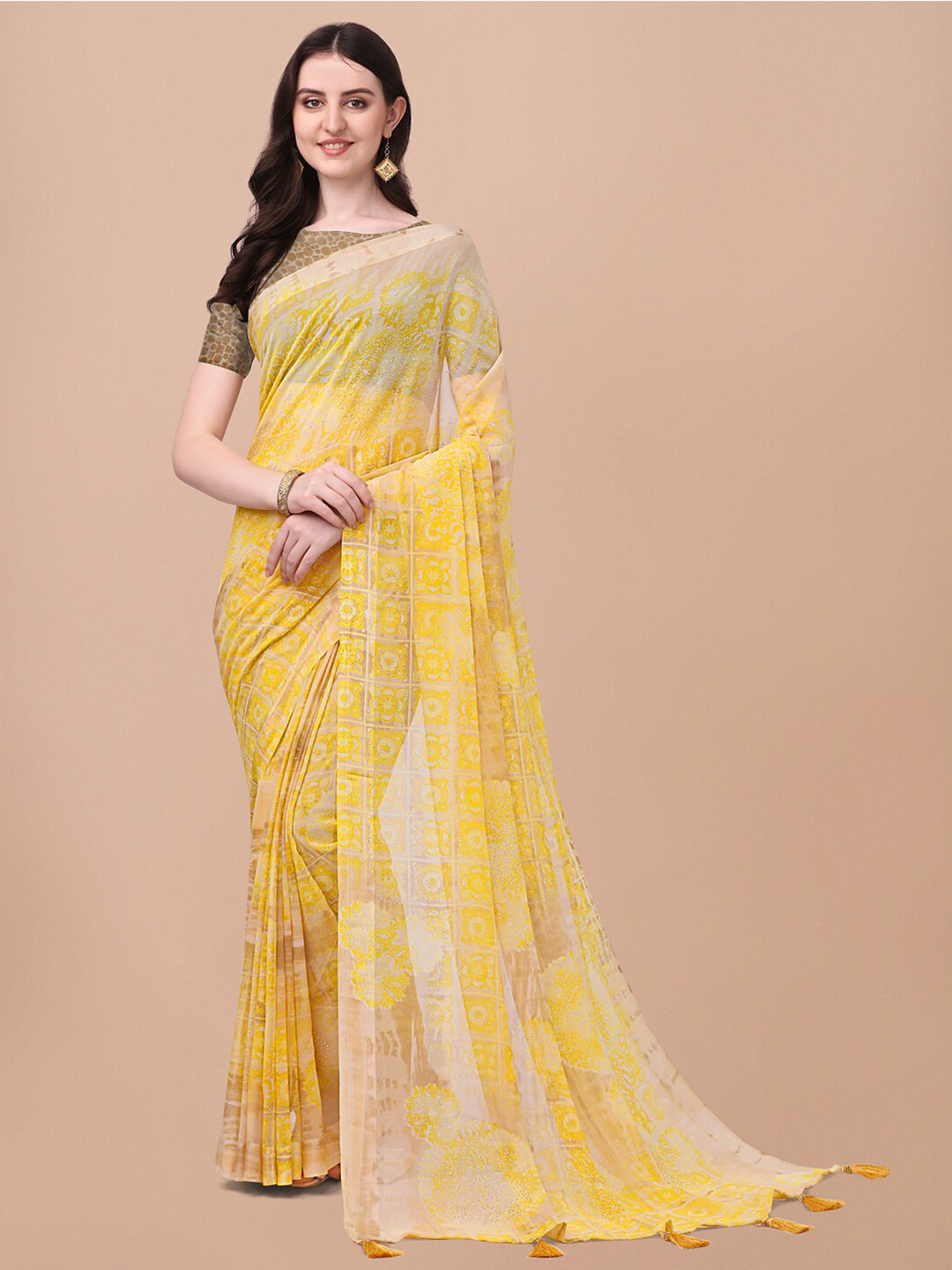

Triveni Ethnic Motif Pure Georgette Saree With Blouse Piece, Yellow