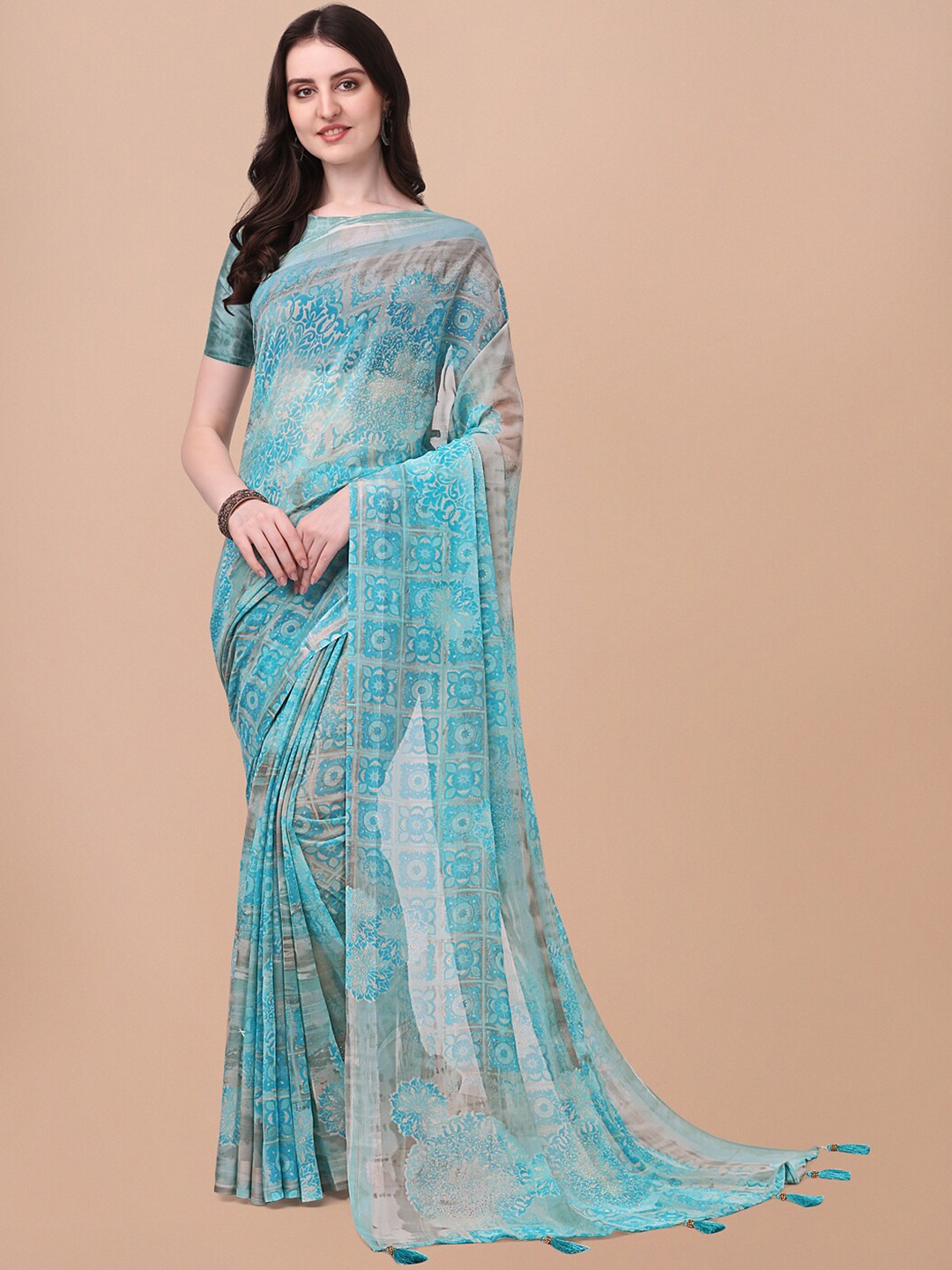 

Triveni Ethnic Motif Pure Georgette Saree With Blouse Piece, Blue