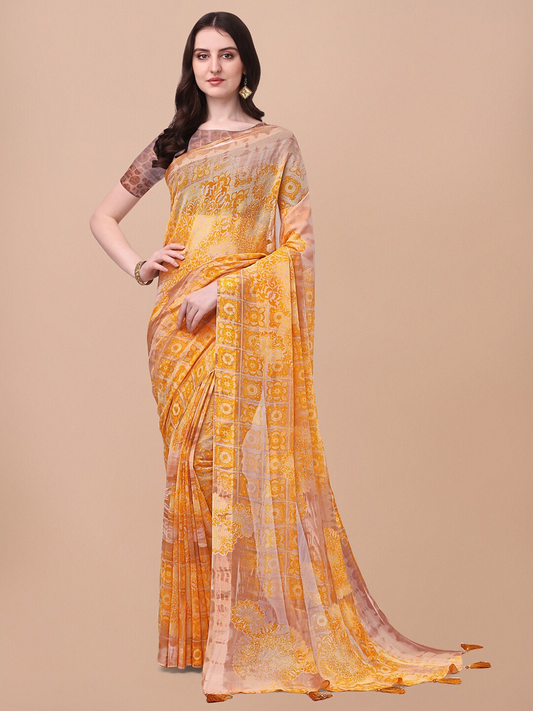 

Triveni Ethnic Motif Pure Georgette Saree With Blouse Piece, Orange