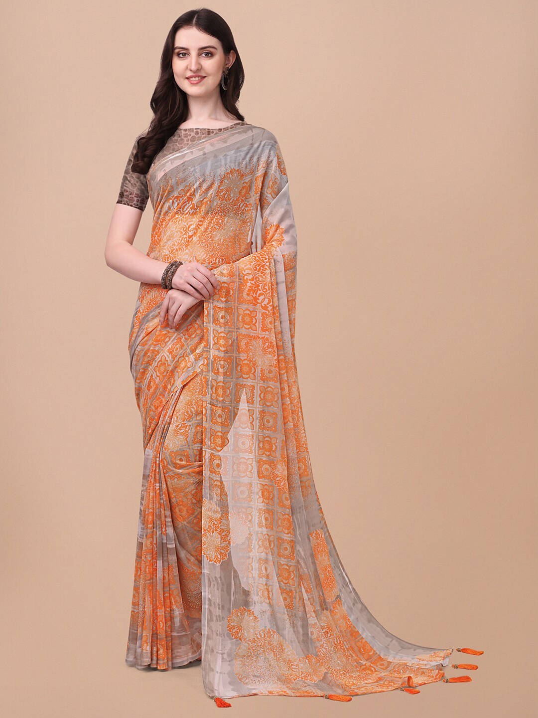 

Triveni Floral Pure Georgette Saree With Blouse Piece, Orange