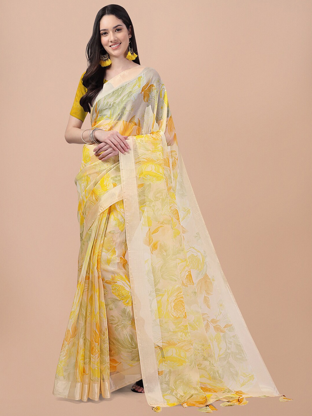 

Triveni Floral Organza Saree With Blouse Piece, Yellow