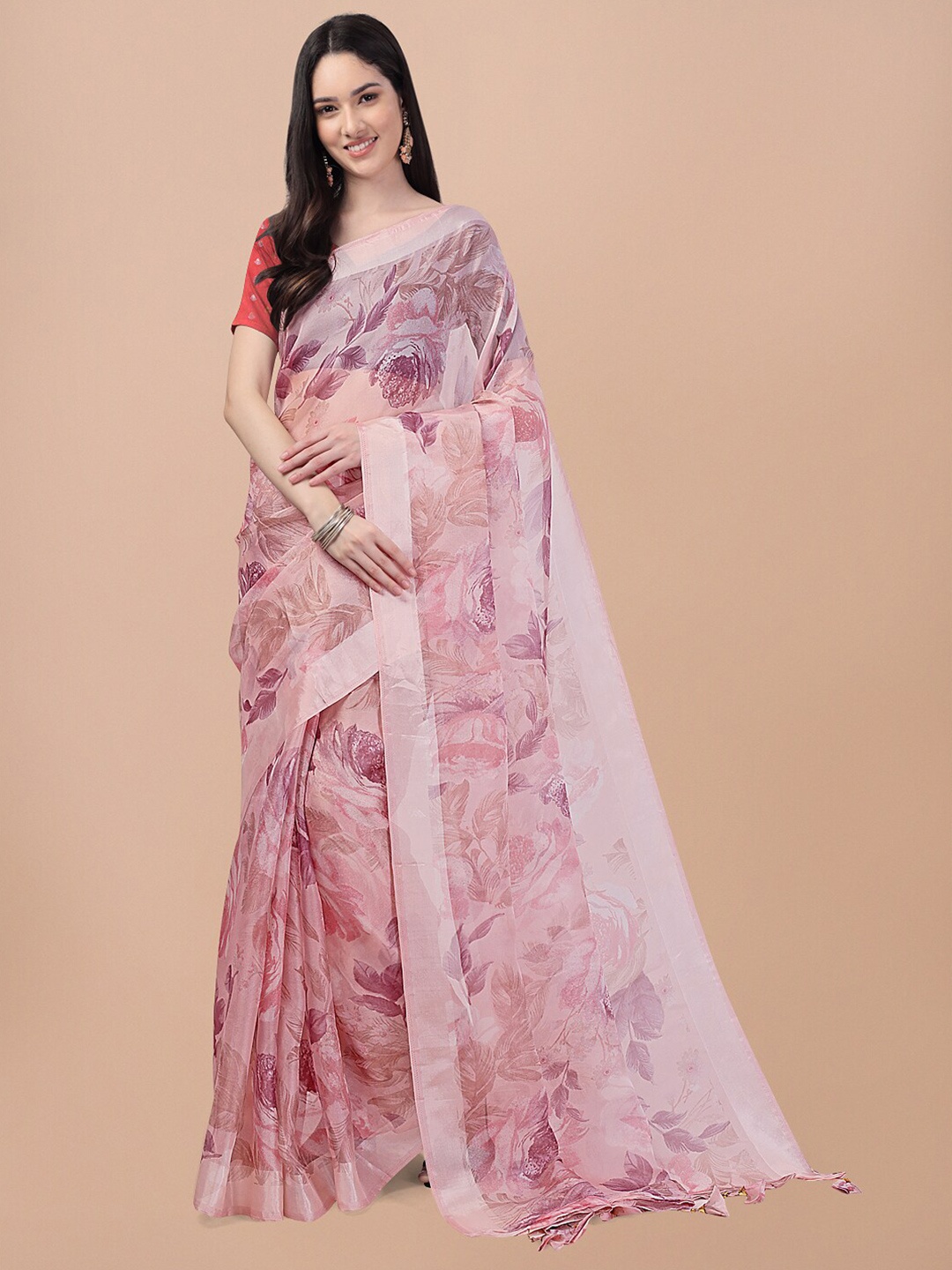 

Triveni Floral Printed Organza Saree, Peach