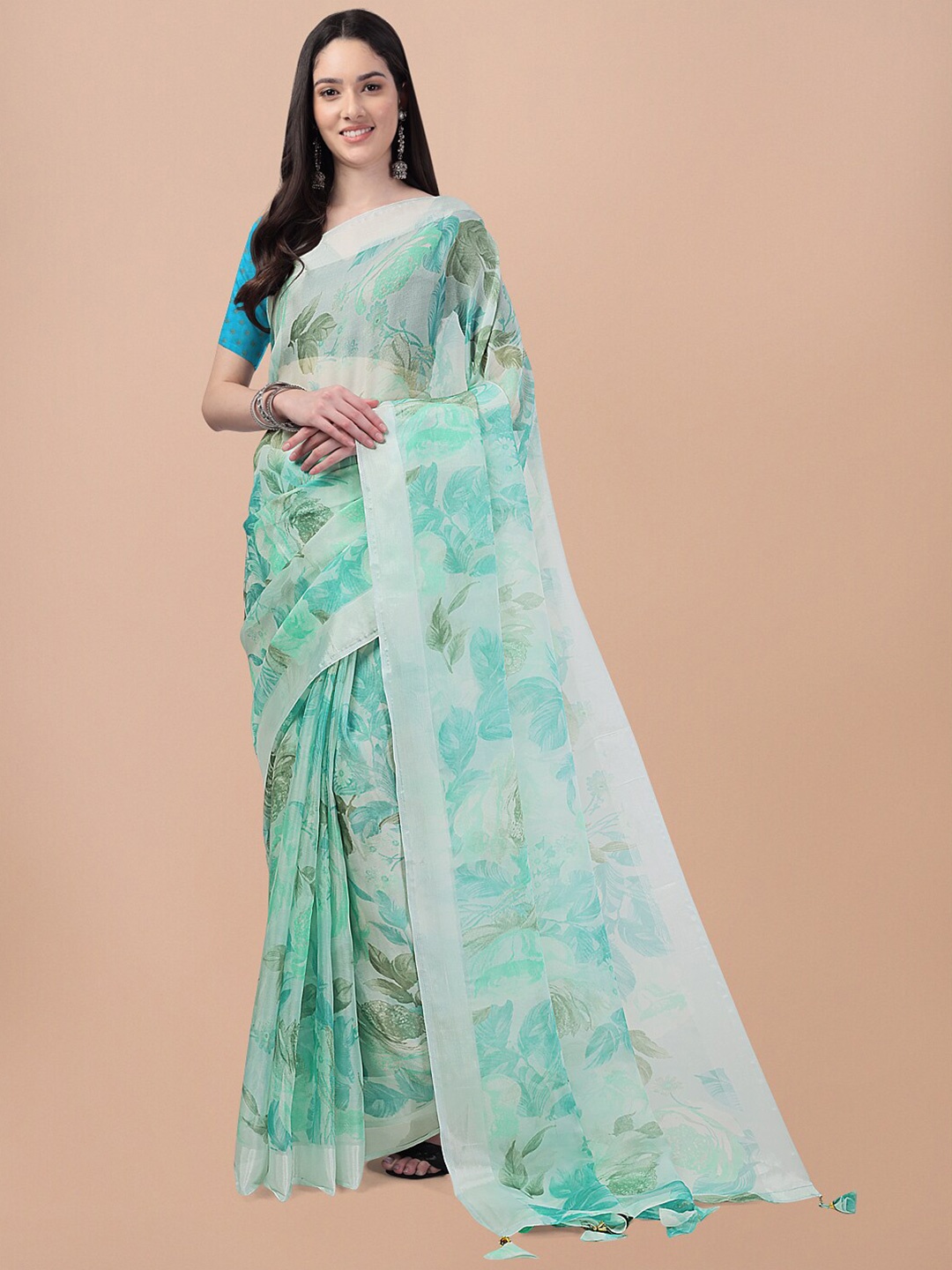 

Triveni Floral Printed Zari Organza Saree, Blue