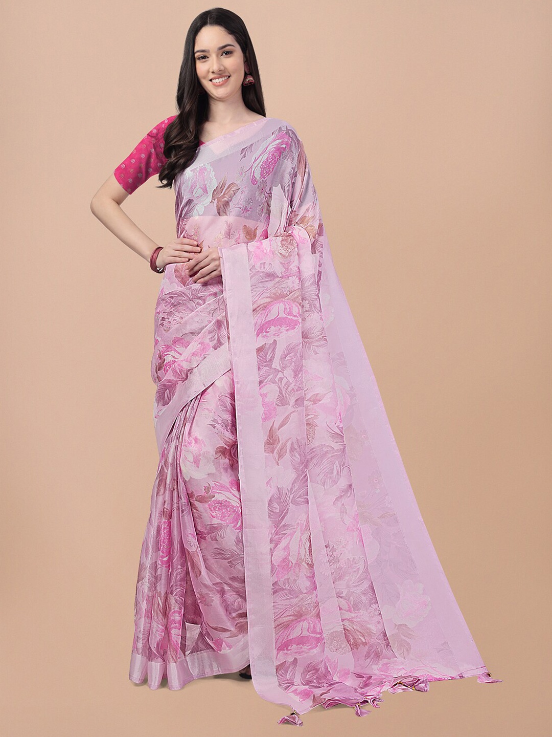 

Triveni Floral Printed Organza Saree, Pink
