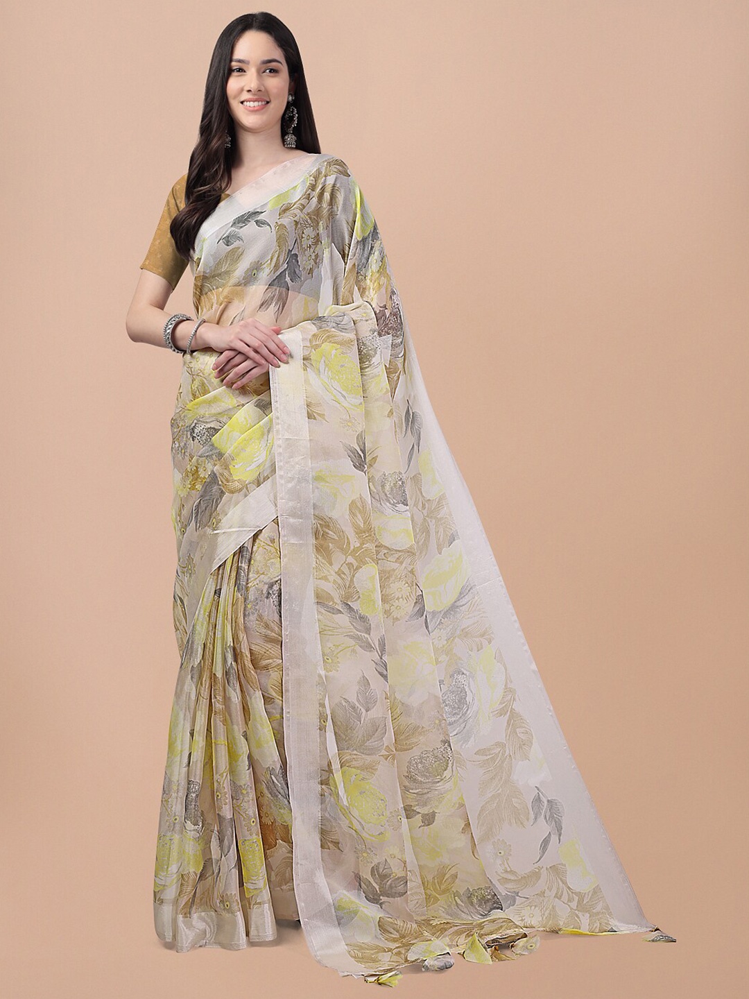 

Triveni Floral Printed Organza Saree, Tan
