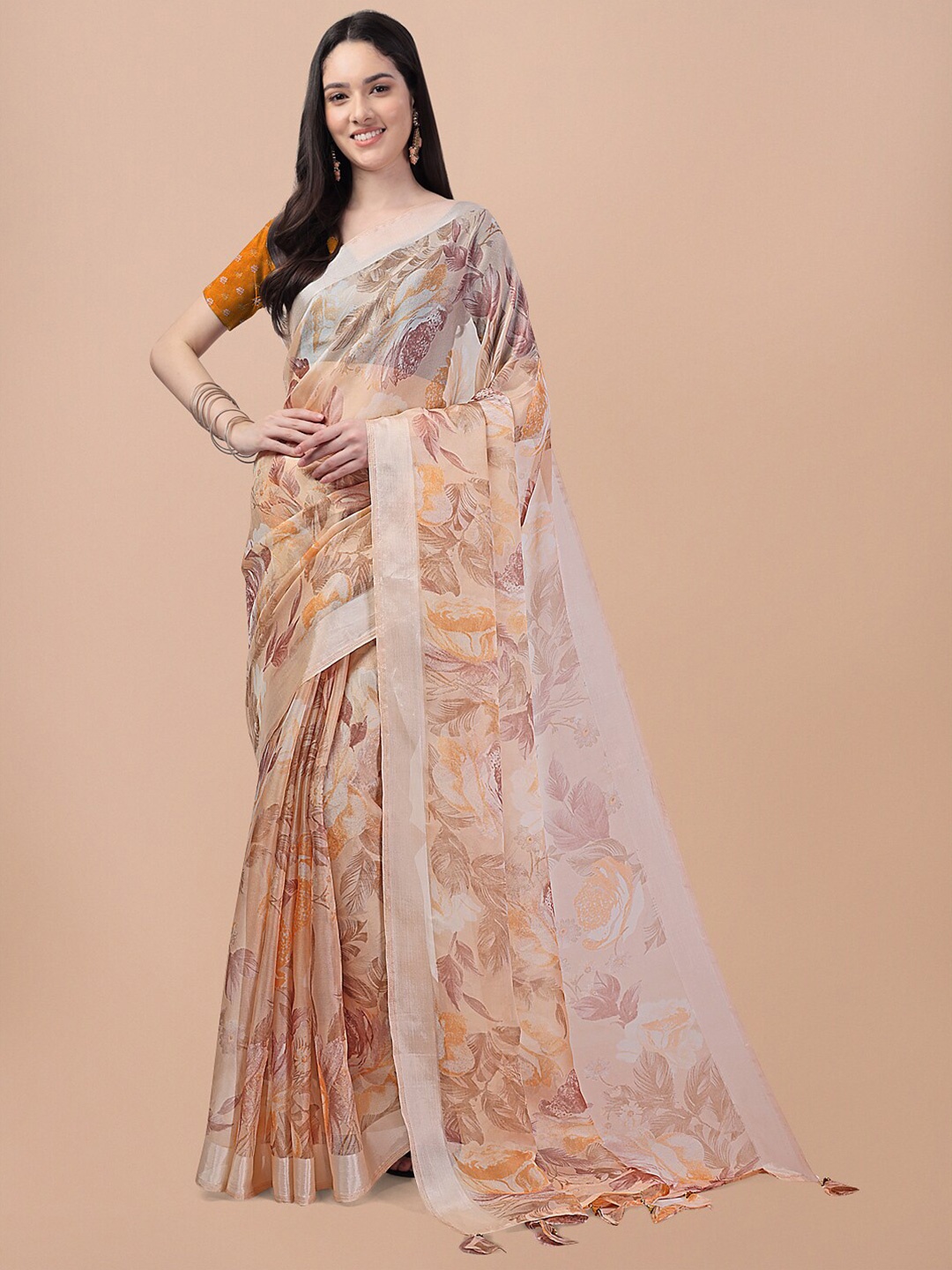 

Triveni Floral Printed Zari Organza Saree, Orange