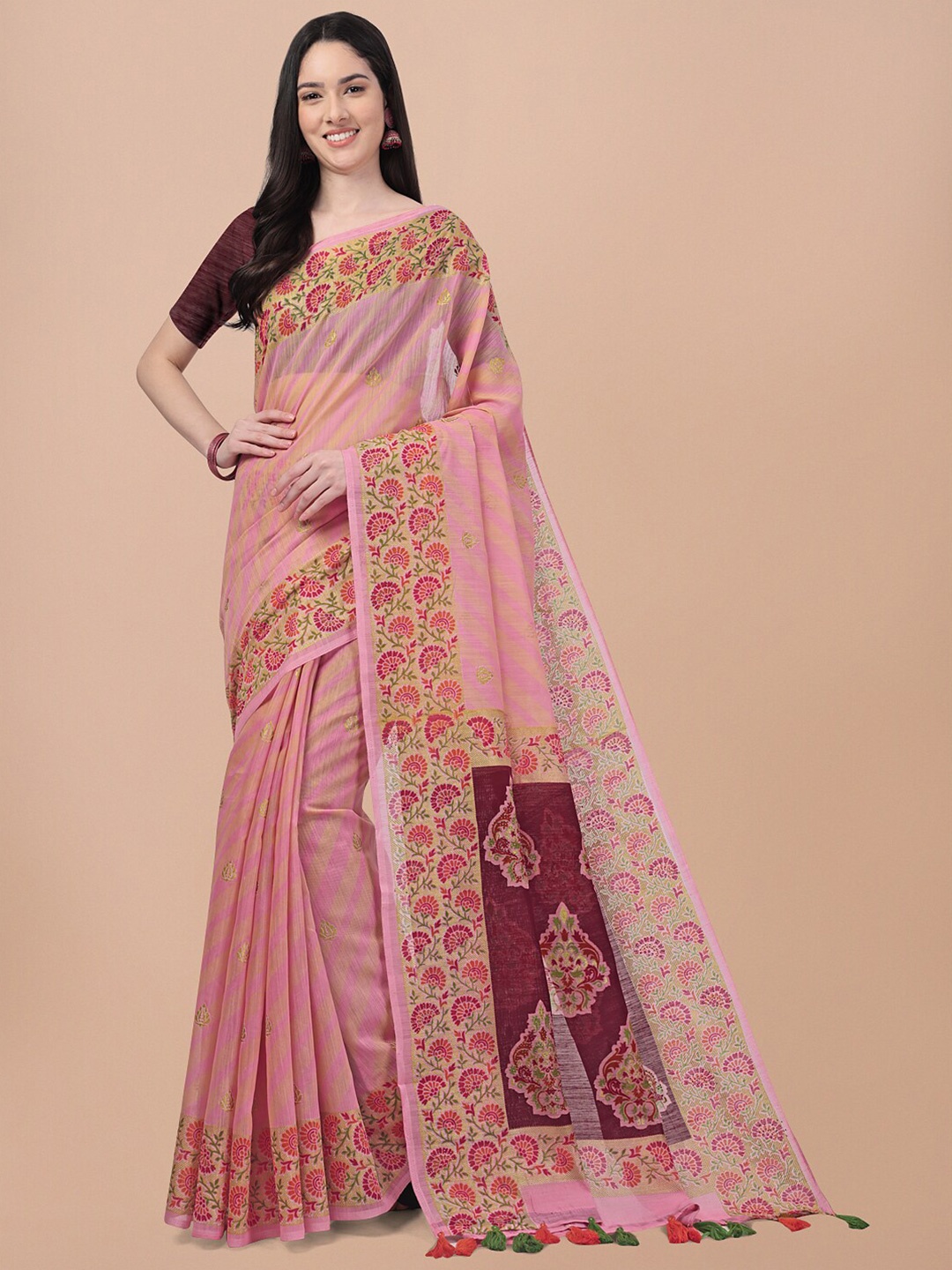 

Triveni Ethnic Motif Printed Zari Pure Cotton Saree, Pink