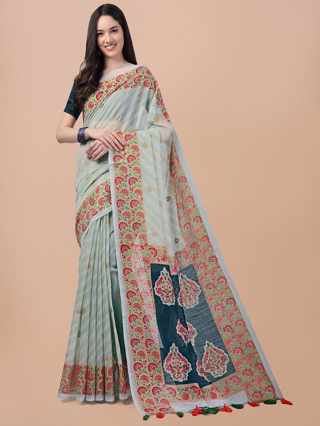 

Triveni Ethnic Motif Printed Zari Pure Cotton Saree, Green