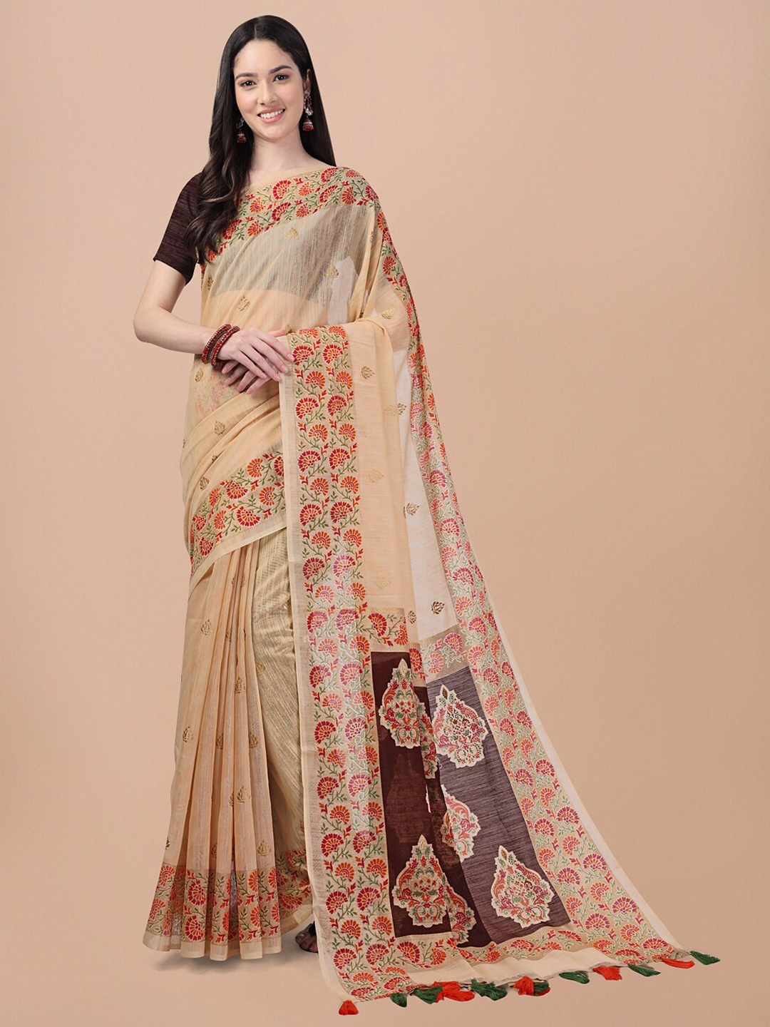 

Triveni Ethnic Motif Printed Zari Pure Cotton Saree, Cream