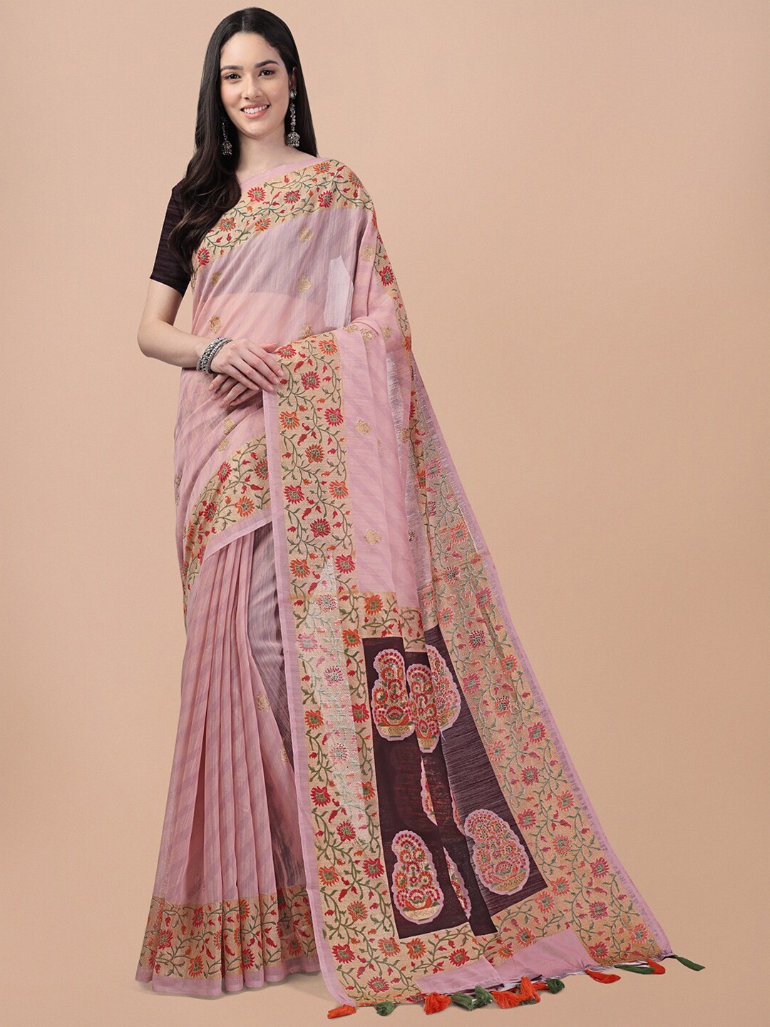 

Triveni Ethnic Motif Printed Zari Pure Cotton Saree, Pink