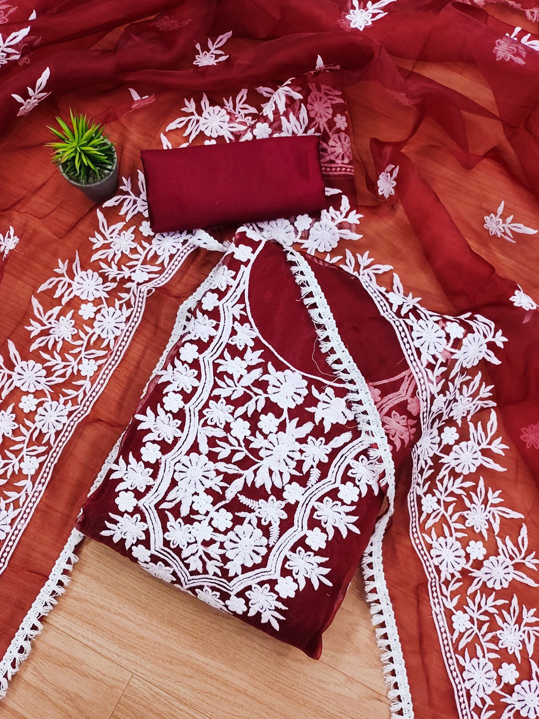 

KALINI Floral Embroidered Unstitched Dress Material, Maroon
