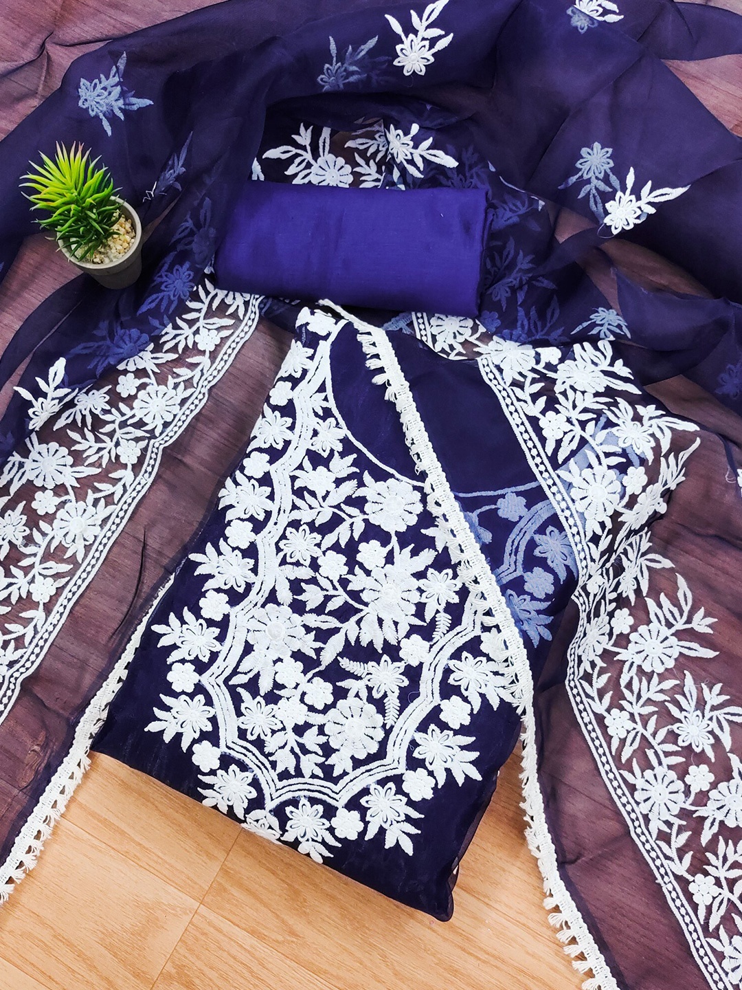 

KALINI Floral Embroidered Unstitched Dress Material, Navy blue
