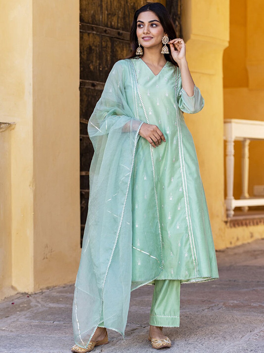 

Ambraee Embroidered Panelled Gotta Patti Chanderi Cotton Kurta with Trousers & Dupatta, Sea green