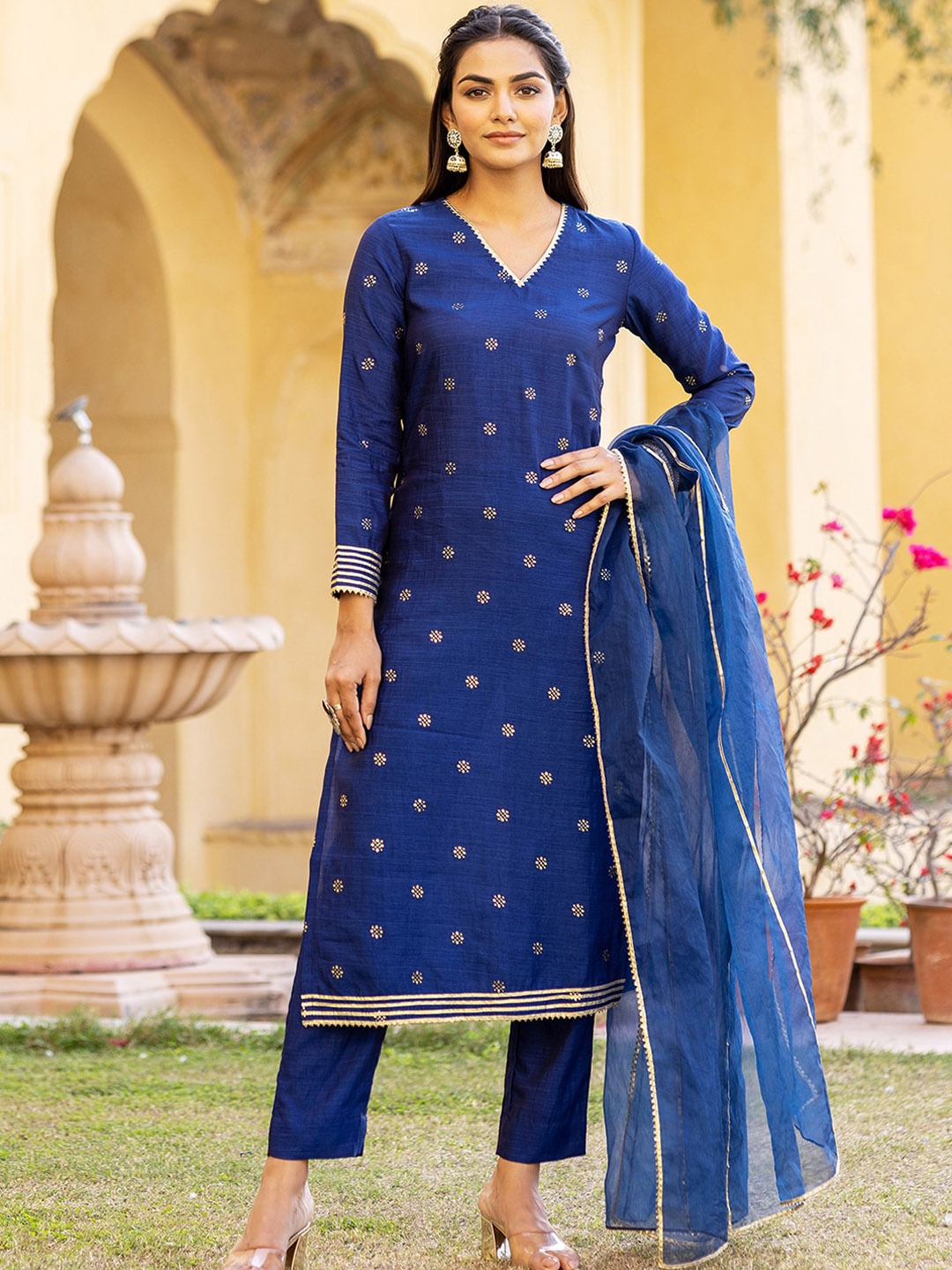 

Ambraee Ethnic Self Design Gotta Patti Chanderi Cotton Kurta with Trousers & Dupatta, Navy blue