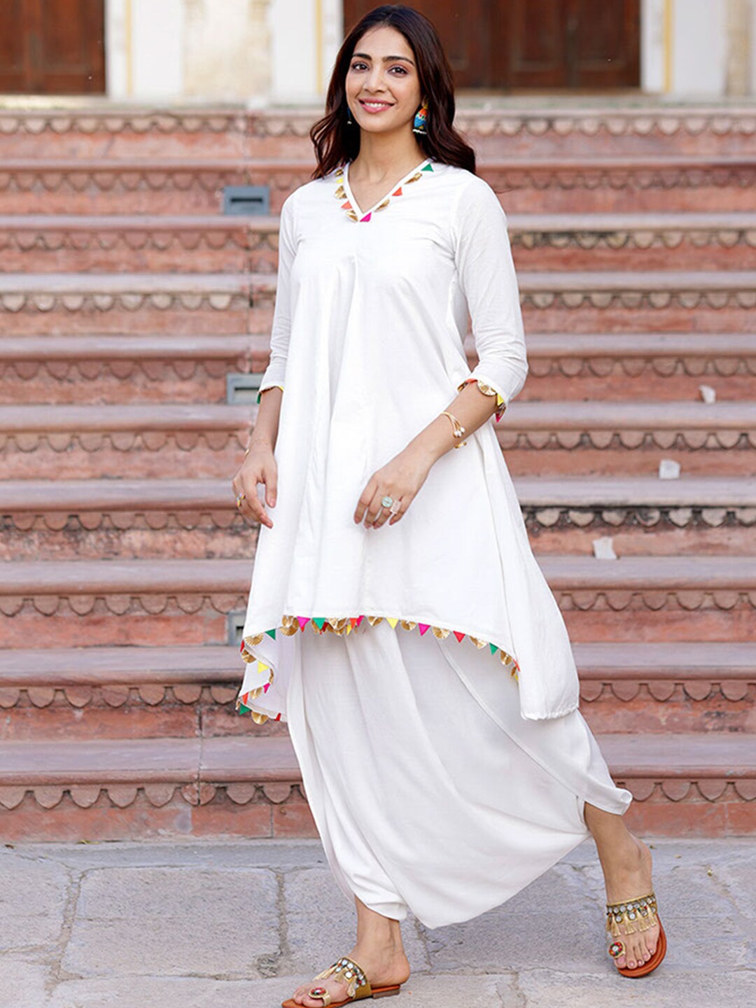 

Ambraee Asymmetric Gotta Patti A-Line Kurta with Dhoti Pants, White