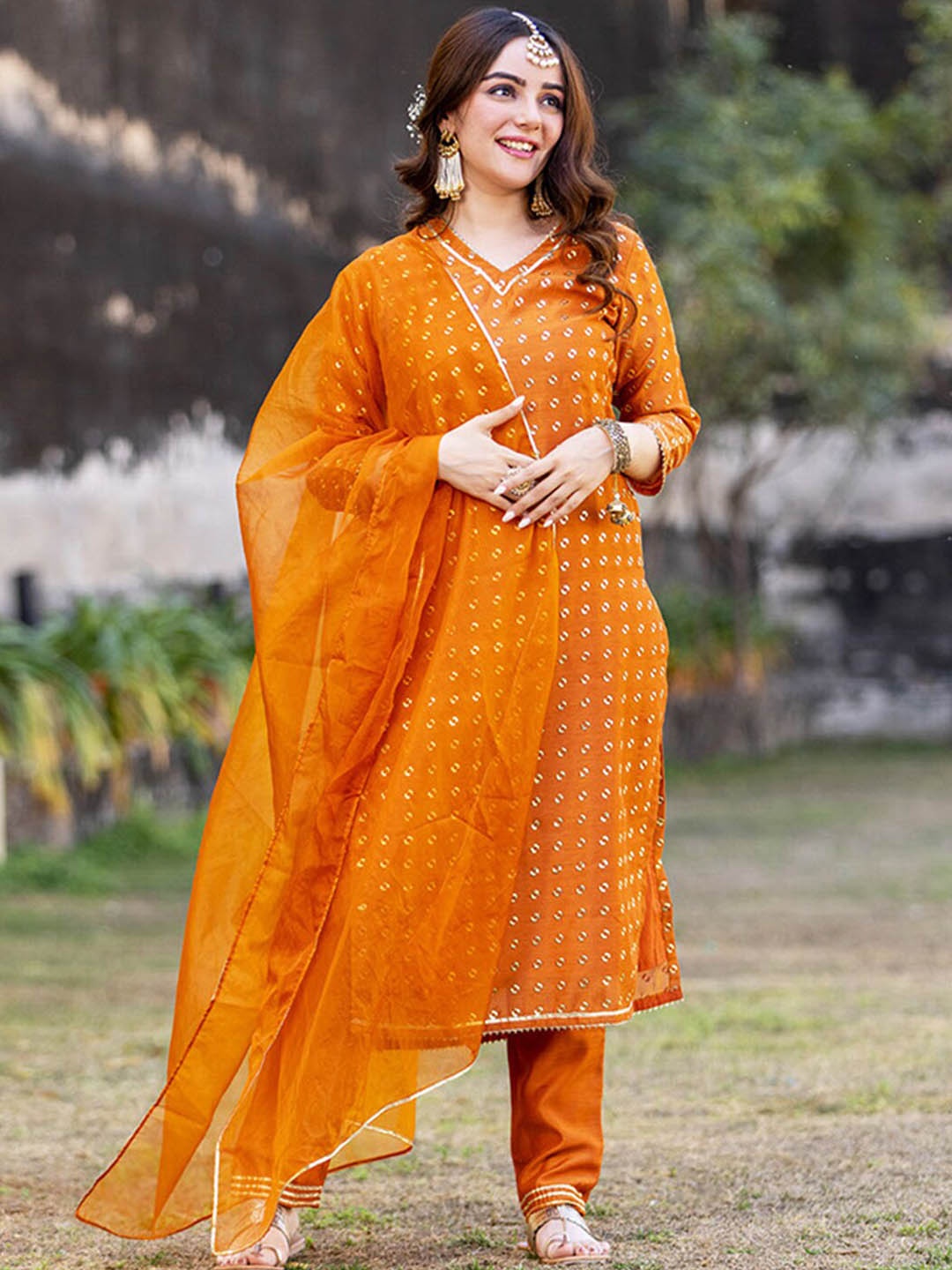 

Ambraee Ethnic Embroidered Gotta Patti Chanderi Cotton Kurta with Trousers & Dupatta, Orange