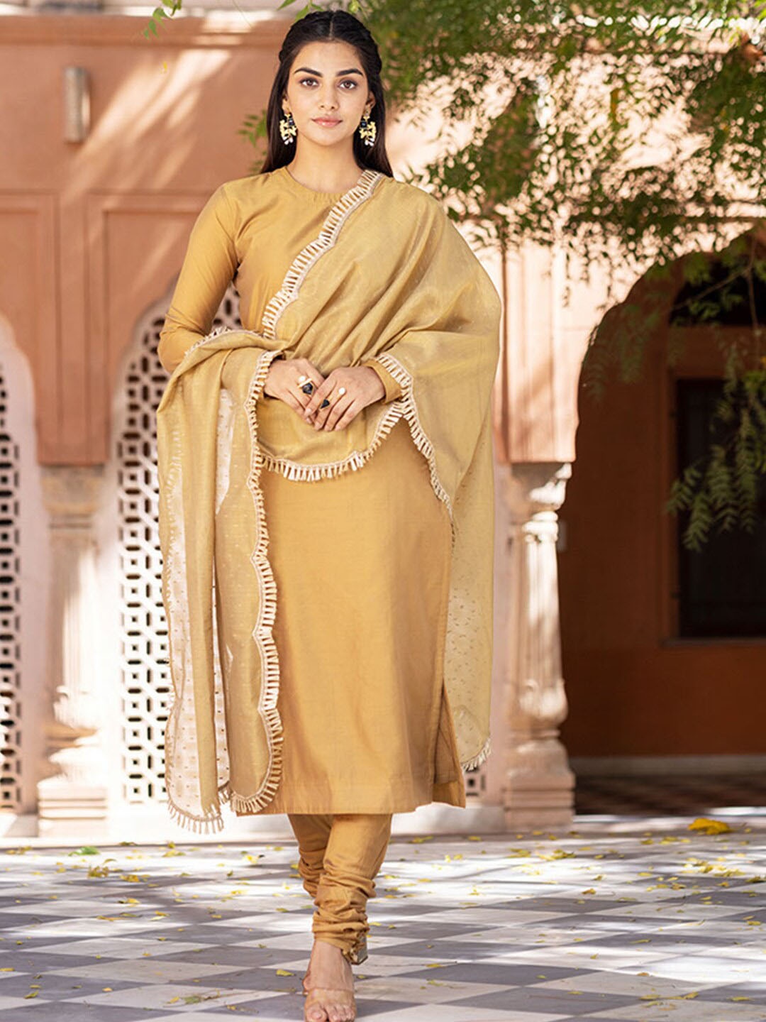 

Ambraee Long Sleeves Straight Chanderi Cotton Kurta with Churidar & Dupatta, Gold