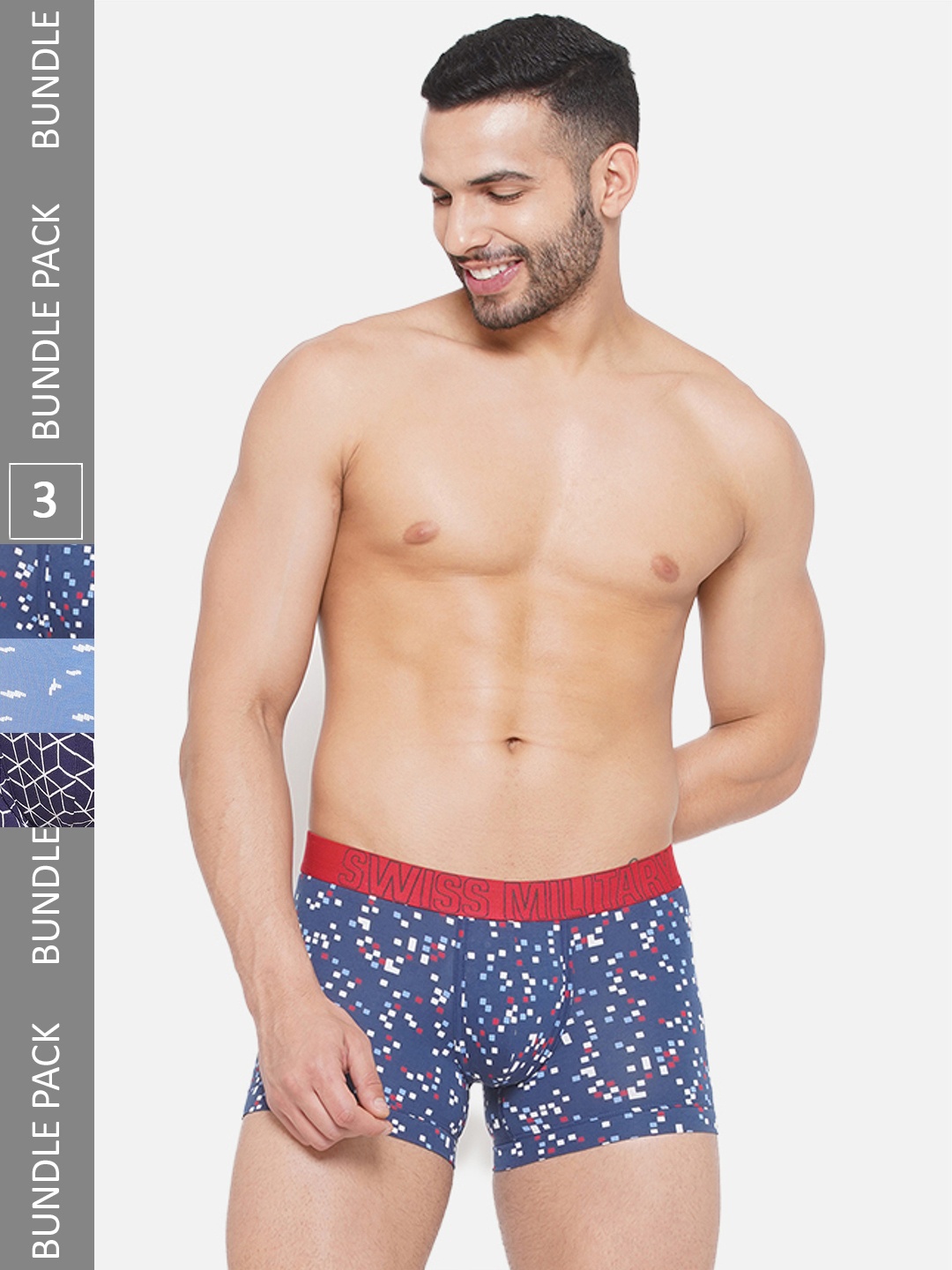 

SWISS MILITARY Men Pack Of 3 Printed Cotton Trunks, Blue