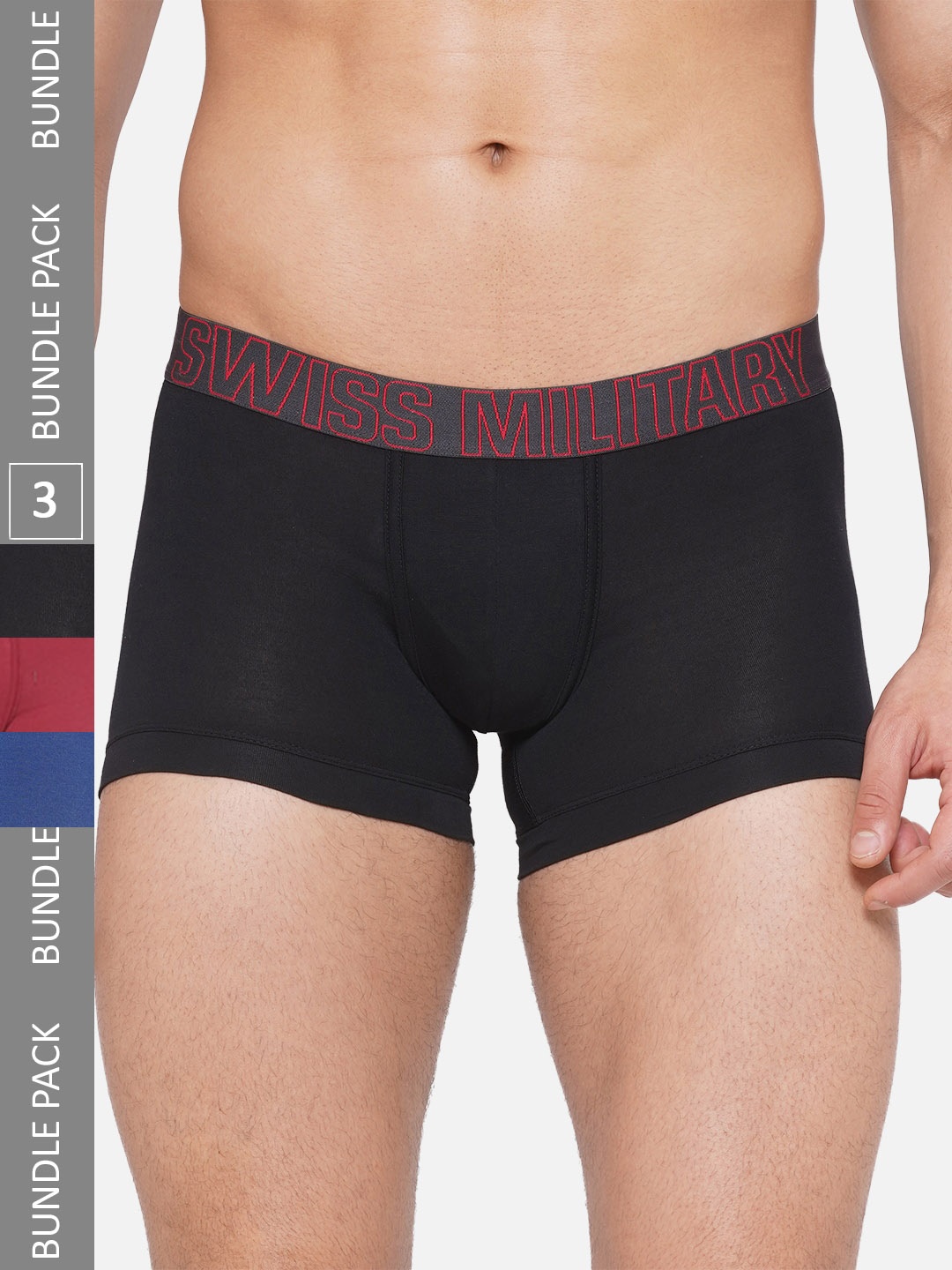 

SWISS MILITARY Men Pack Of 3 Mid-Rise Cotton Trunks, Black