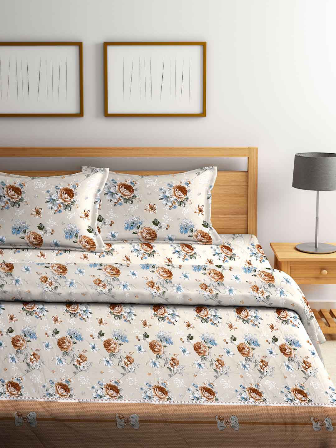

FABINALIV Beige & Blue Floral Printed 400 GSM Double King Bed Bedding Set