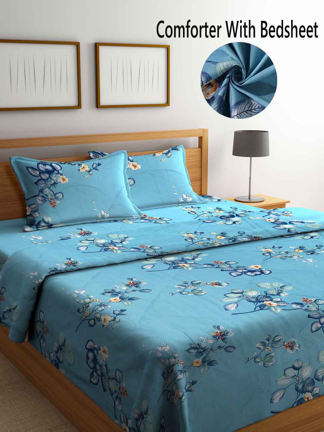 

FABINALIV Blue & Yellow Floral Printed 400 GSM Double King Bed Bedding Set