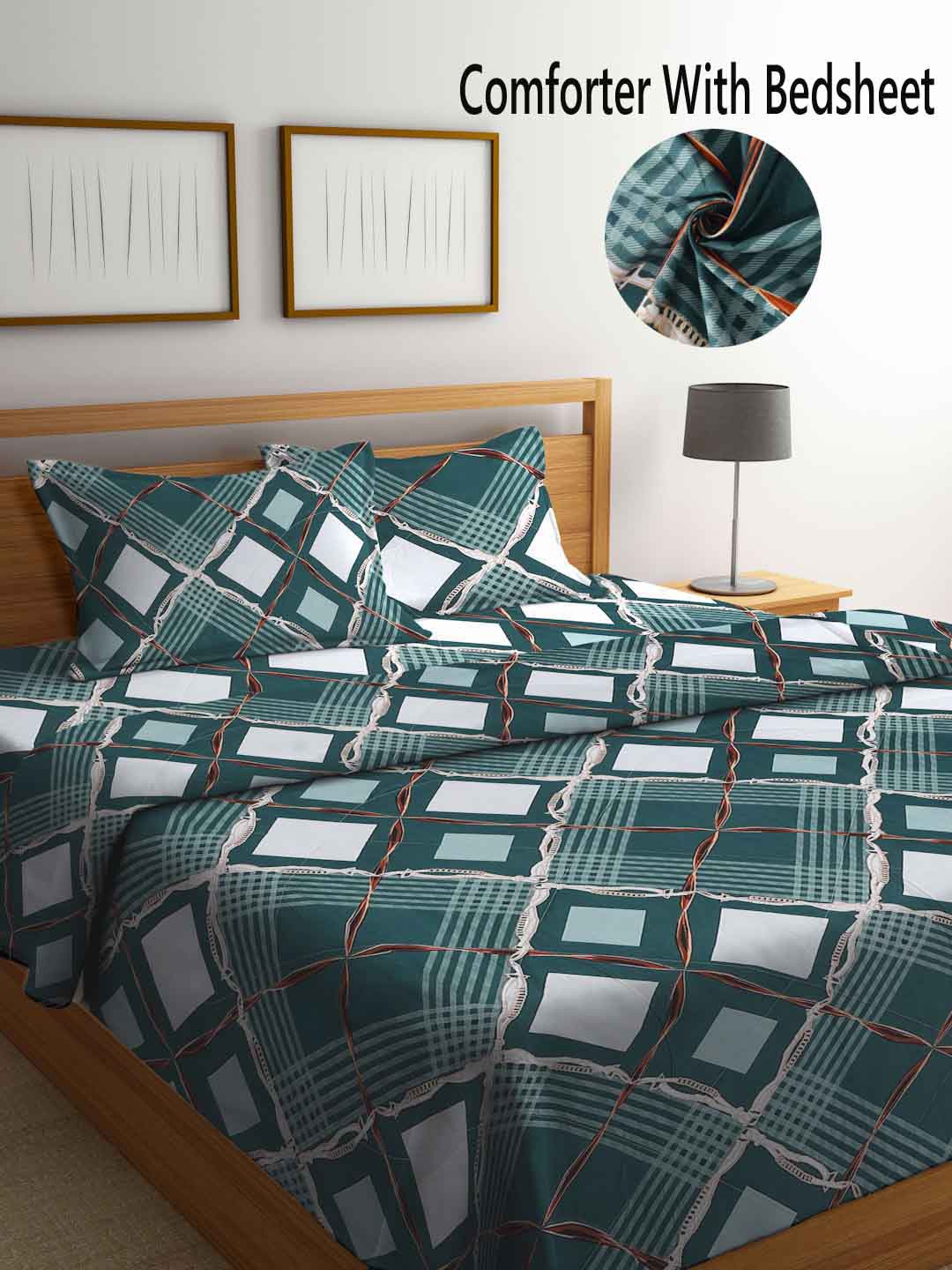 

FABINALIV Green & White Geometric Printed 400 GSM Double King Bed Bedding Set