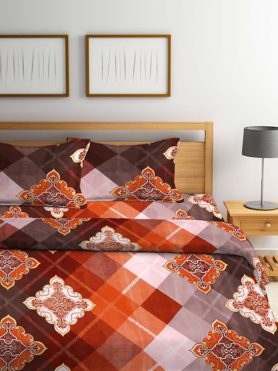

FABINALIV Brown & Maroon Ethnic Motif Printed Microfiber Filling King Bedding Set