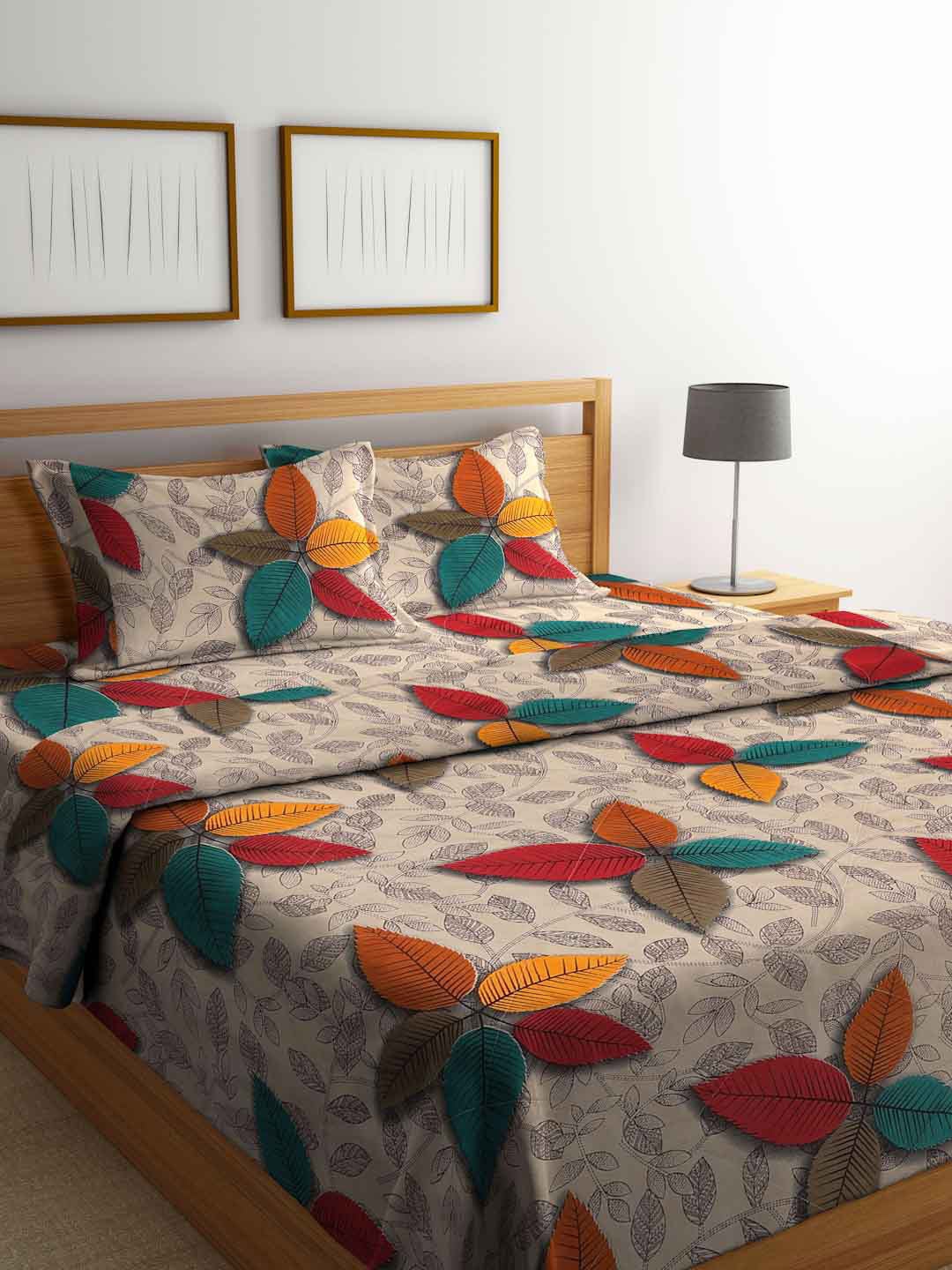 

FABINALIV Brown & Red Floral Printed 400GSM Double King Bedding Set, Beige