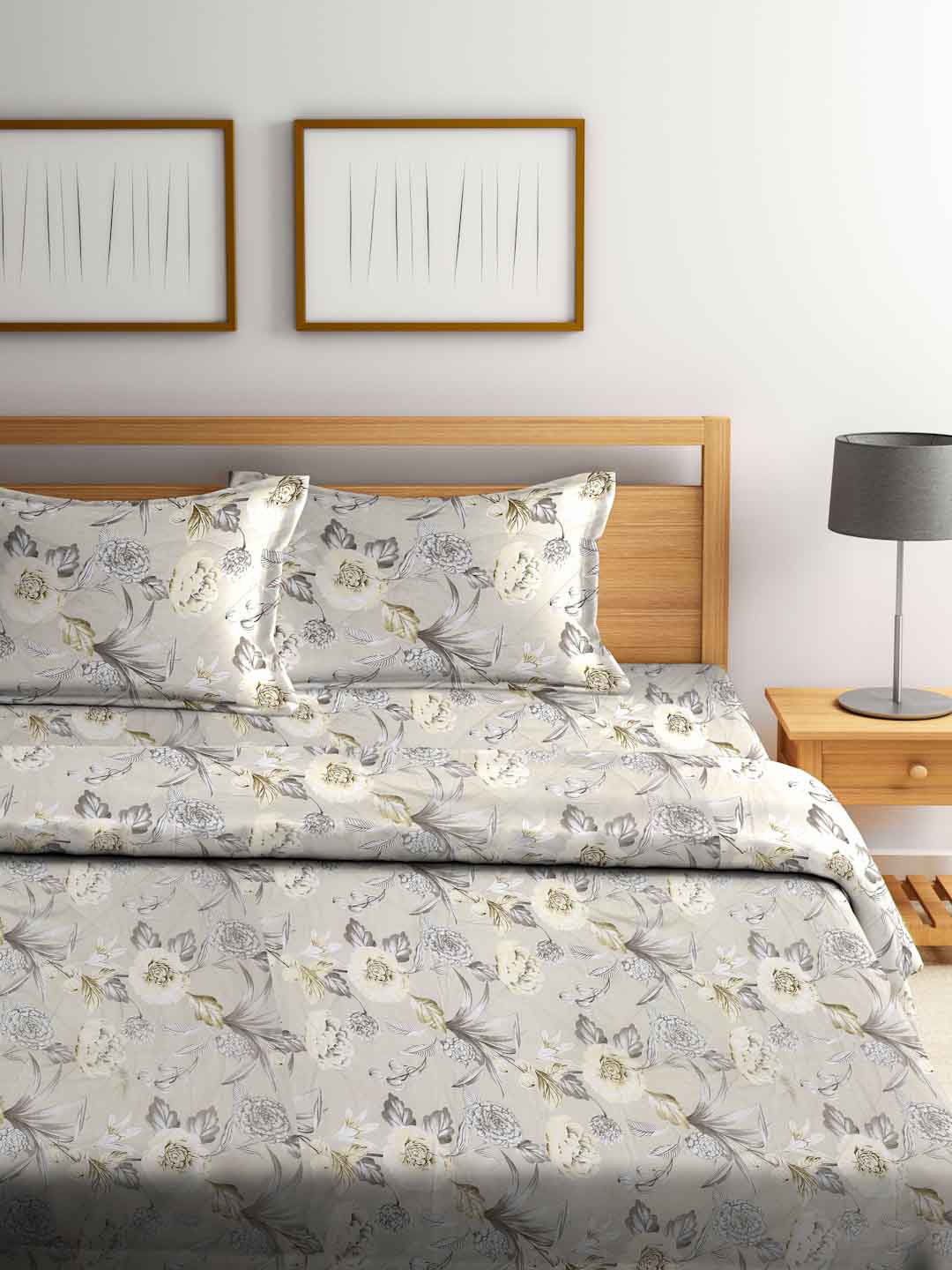 

FABINALIV Cream-Colored & Grey Floral Printed 400GSM Double King Bedding Set