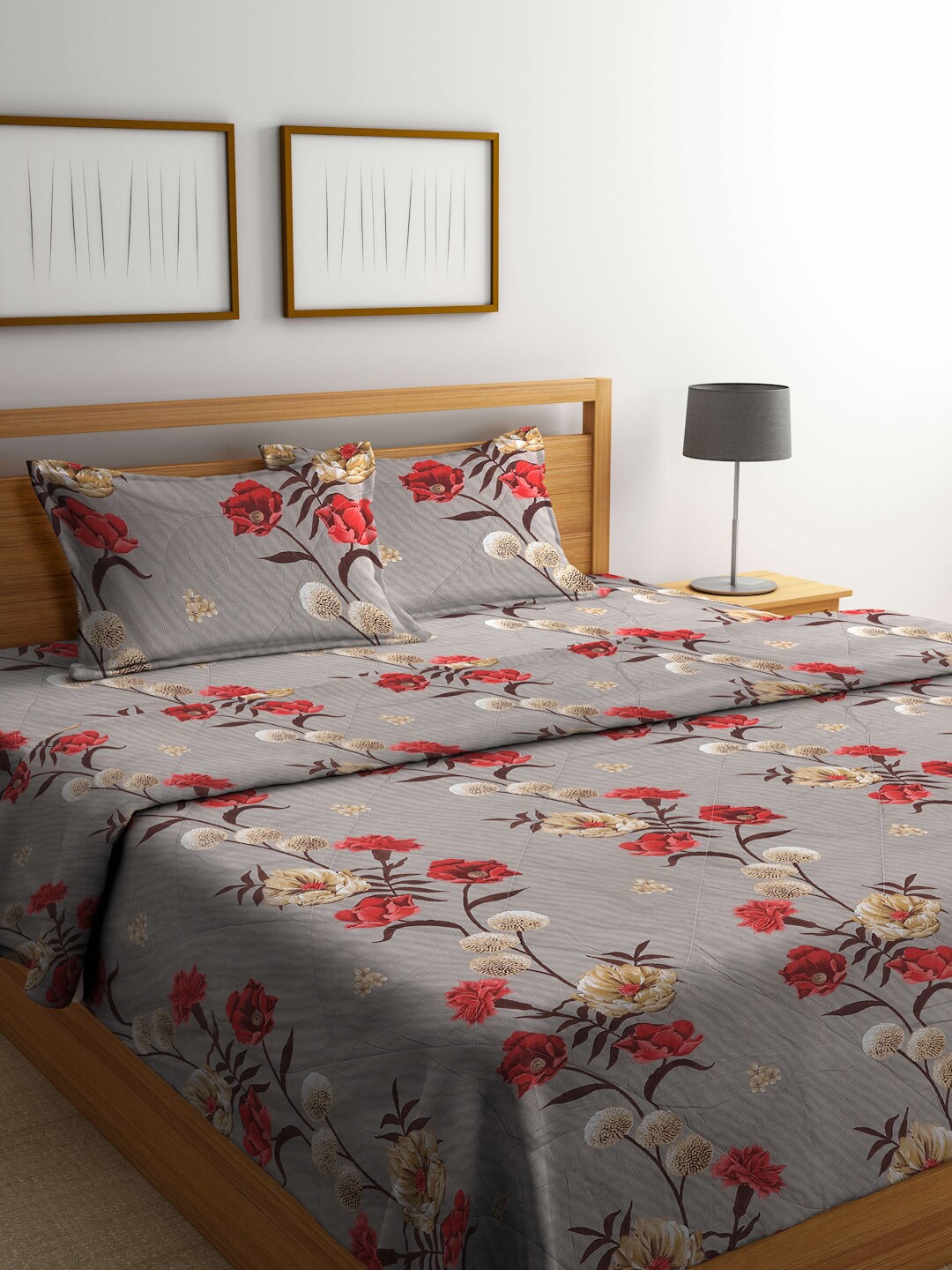 

FABINALIV Grey & Red Floral Printed 400 GSM Double King Bed Bedding Set