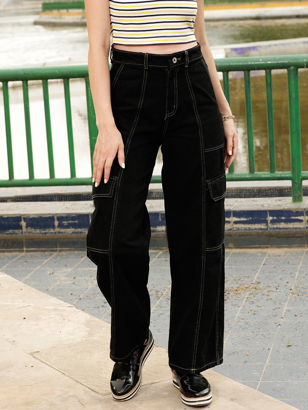 

STREET 9 Women Black Relaxed Straight Leg High-Rise Pure Cotton Cargo Trousers