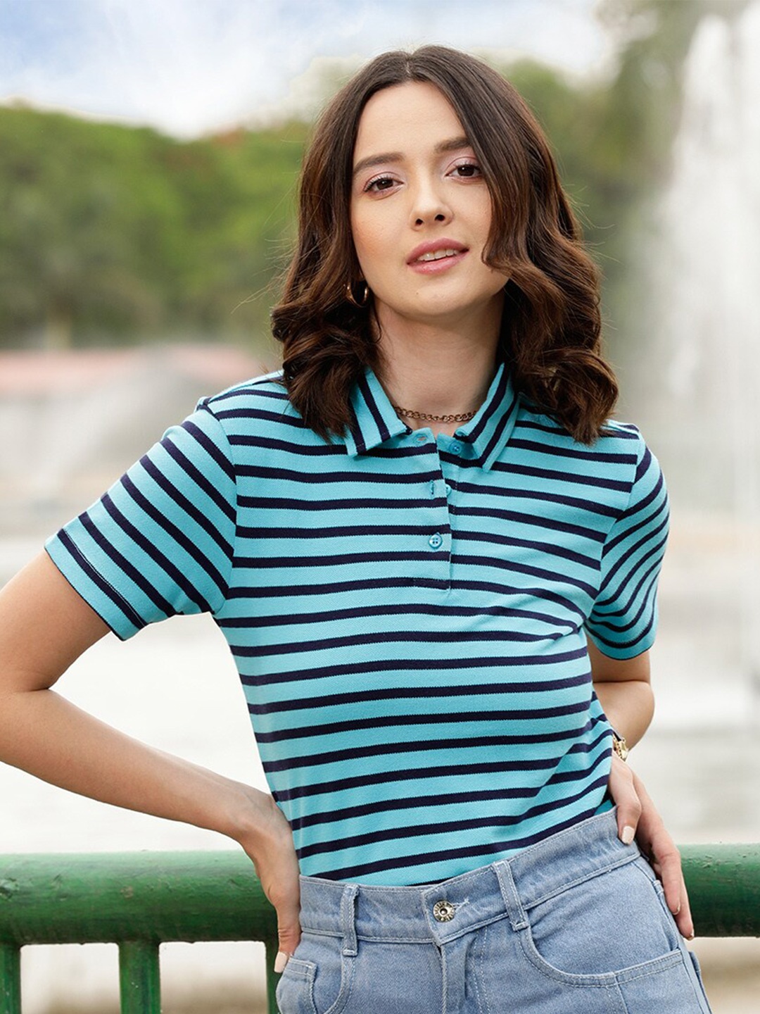 

STREET 9 Turquoise Blue Striped Polo Collar Pure Cotton T-shirt